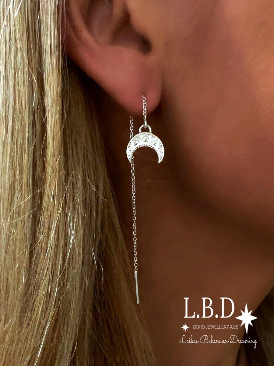 Laihas La Luna Crescent Moon Sterling Silver Threader Earrings for Women - Dainty Minimalist Jewelry for Everyday Wear & Special Occasions