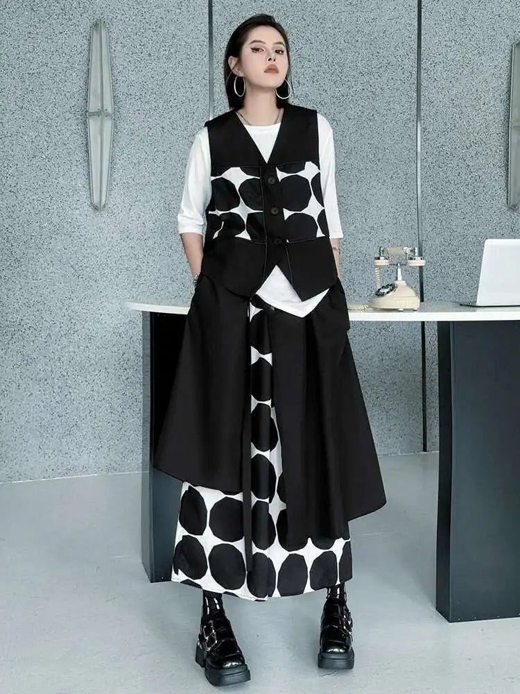 Plus Size Black Polka Dot Vest & Wide Leg Pants 2-Piece Set - Women's Fashion V-Neck Sleeveless Outfit for Spring/Fall 2025 | Office Wear, Casual Chic, Party Outfit