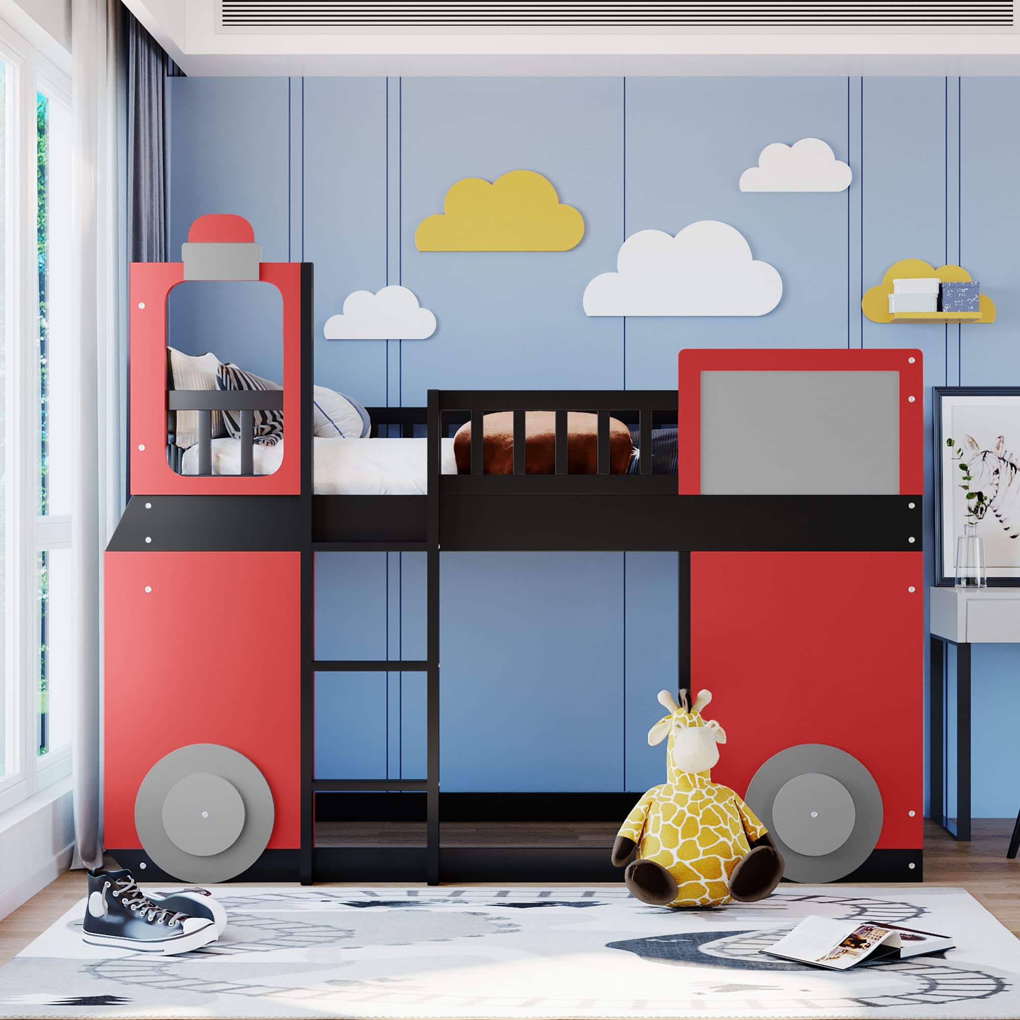 Twin Size Kids Loft Bunk Bed with Train Design - Wooden Toddler Bunk Bed for Boys & Girls - Space-Saving Bedroom & Dorm Furniture - Red | Perfect for Small Rooms, Shared Kids Bedrooms & College Dormitories