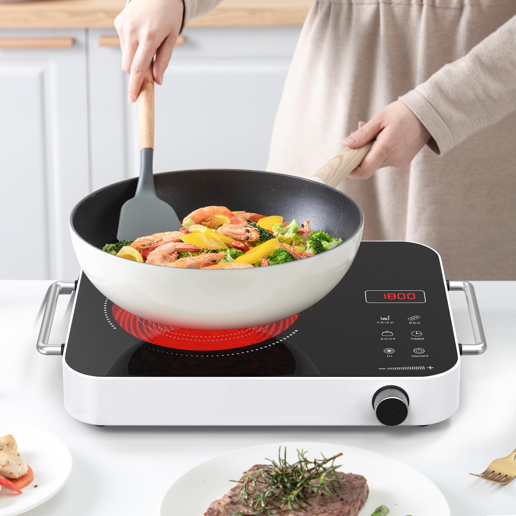 1800W Single Burner Electric Cooktop with Knob Control - Portable 110V Stove Top with Double Ring Heating, 2 Handles & 4-Hour Timer - Perfect for Dorm Rooms, Small Kitchens & RV Cooking