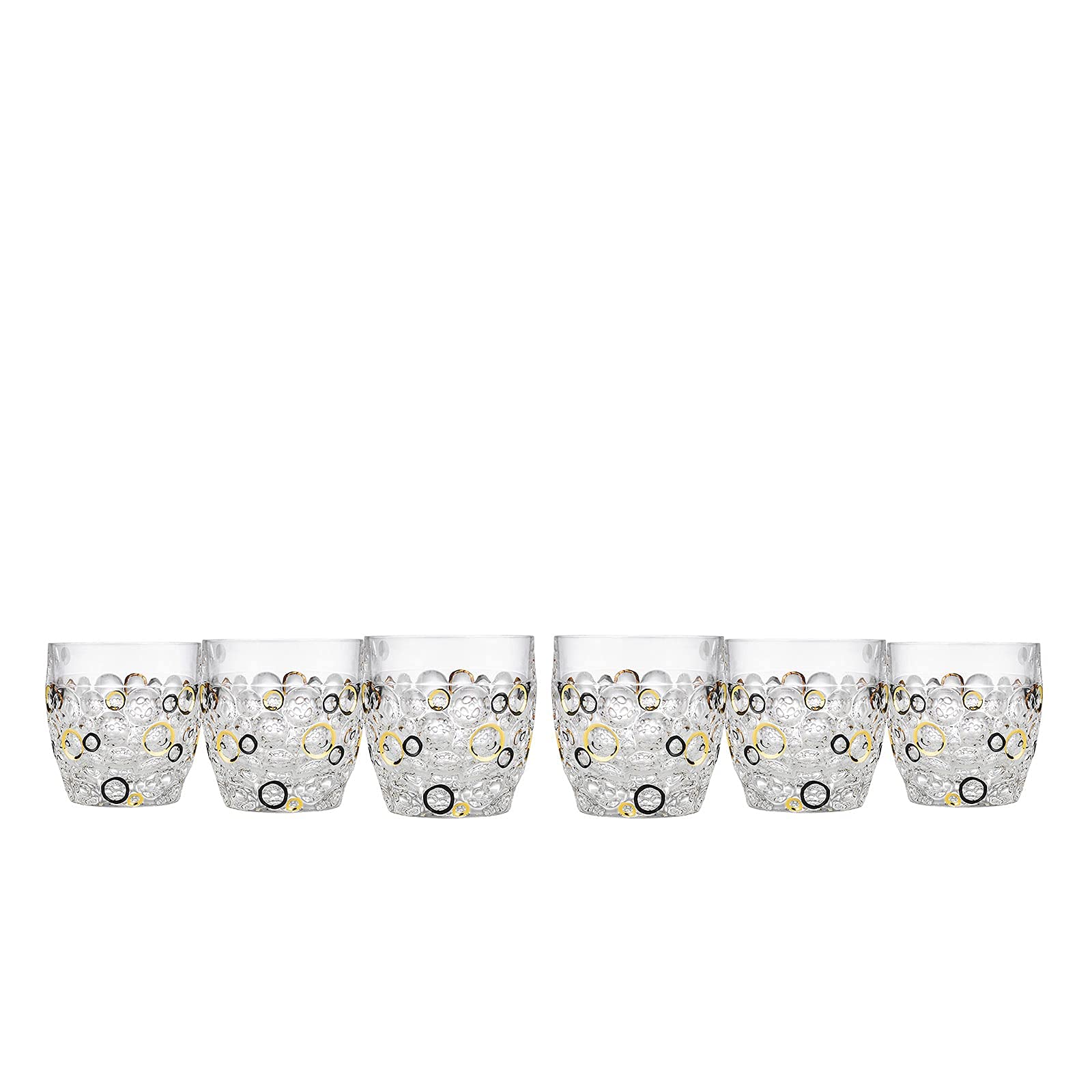 Handcrafted Modern Bohemian Crystal Glasses - 10 Oz Gold & Black Circle Design, Set of 6 - Perfect for Cocktails, Wine Tasting & Home Decor | Lisboa Collection