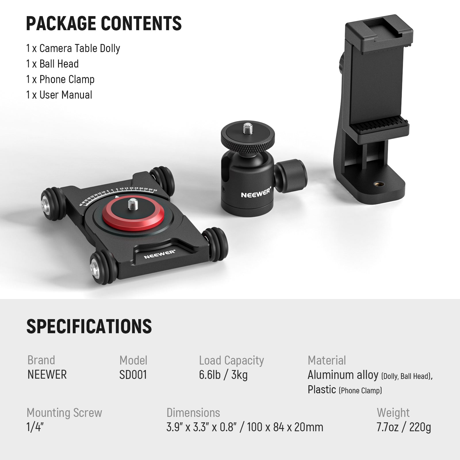 NEEWER SD001 Professional Camera Slider Dolly with 360° Ball Head & Universal Phone Clamp - Perfect for Time-Lapse Photography, Vlogging, and Smooth Video Shots