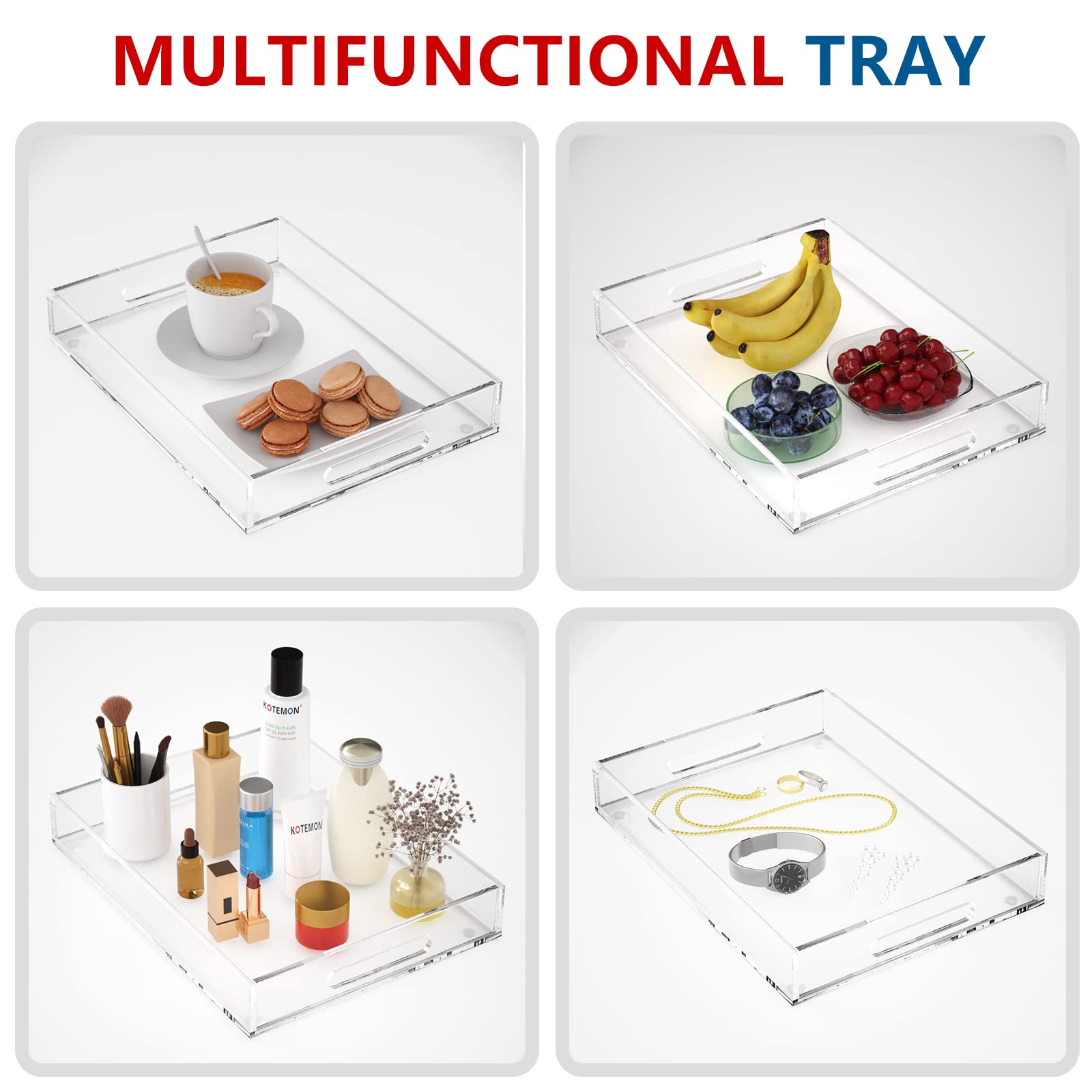 Clear Acrylic Serving Tray with Handles - 16x12x2.36 Inch Decorative Letter Tray Organizer for Coffee Table, Ottoman & Countertop - Perfect for Breakfast in Bed, Party Serving & Home Organization