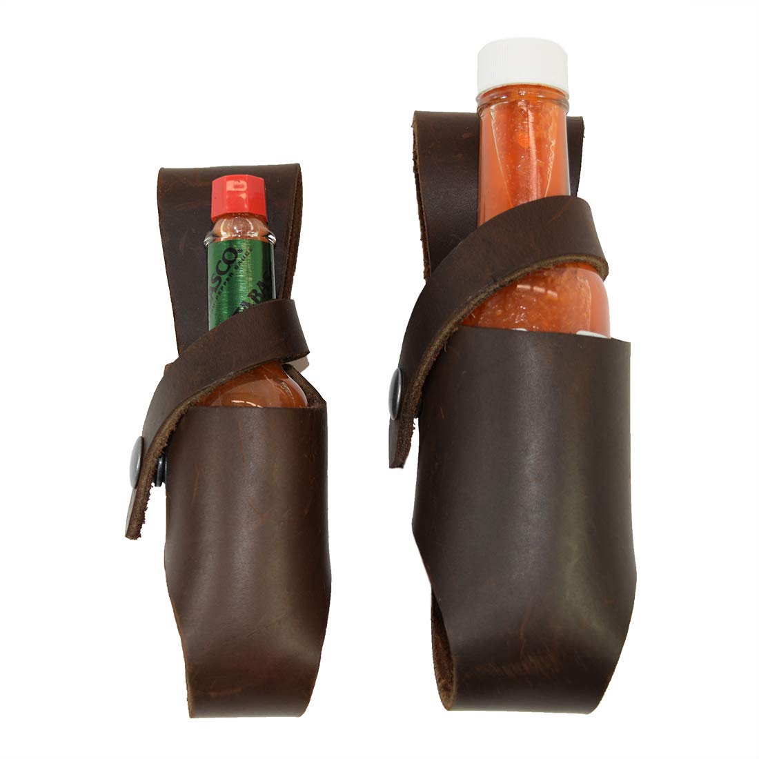 Premium Handmade Leather Hot Sauce Holster 2-Pack (5oz & 2oz) - Durable Belt Sheath for Tobasco, Cholula, Sriracha - Perfect for Camping, BBQ, Picnics & Outdoor Adventures