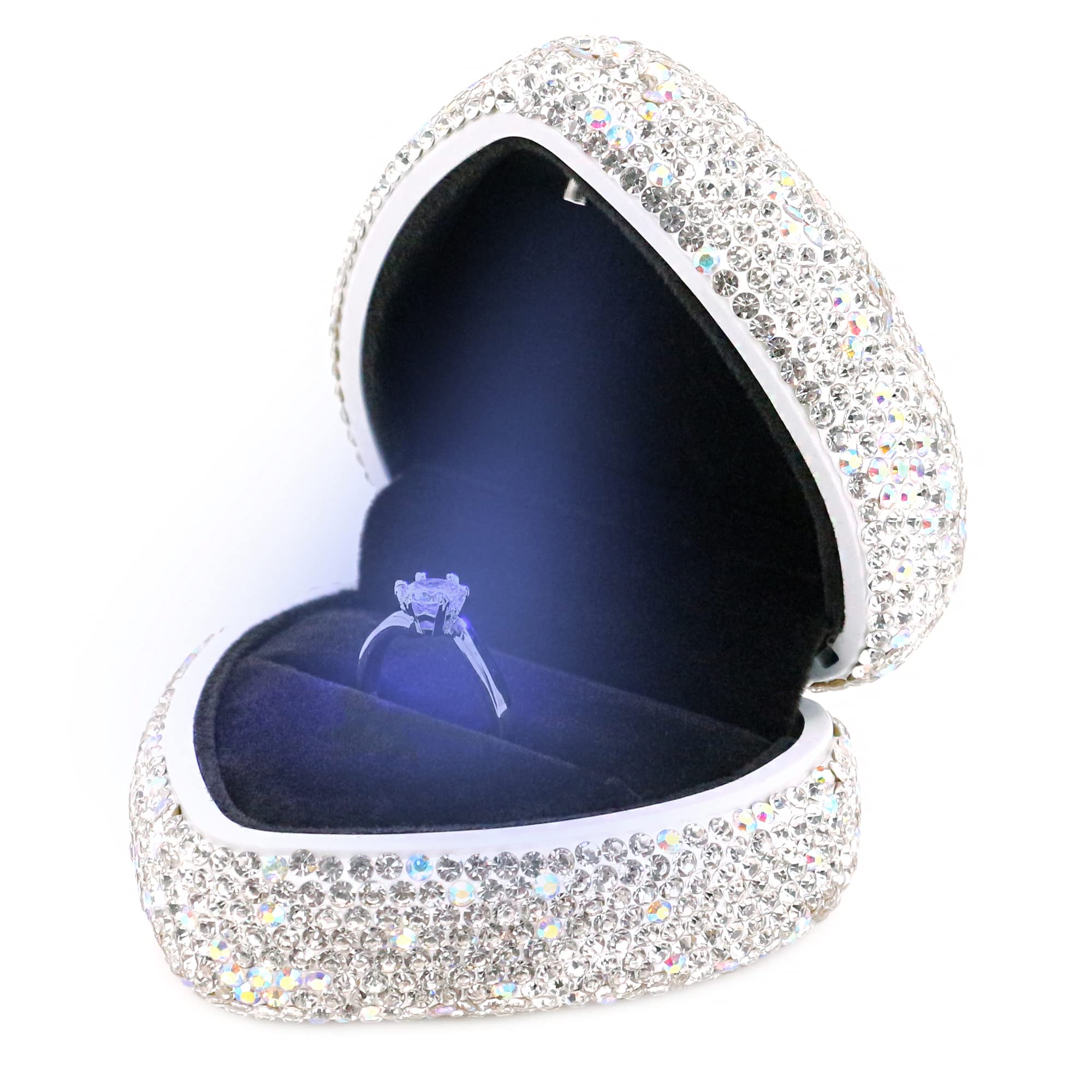 Elegant Naimo Rhinestone Heart-Shaped Ring Box with LED Light - Velvet Jewelry Display Case for Engagement, Wedding & Proposal - Perfect Gift for Birthday & Special Occasions | Wedding Ring Holder, Jewelry Organizer, Proposal Accessory