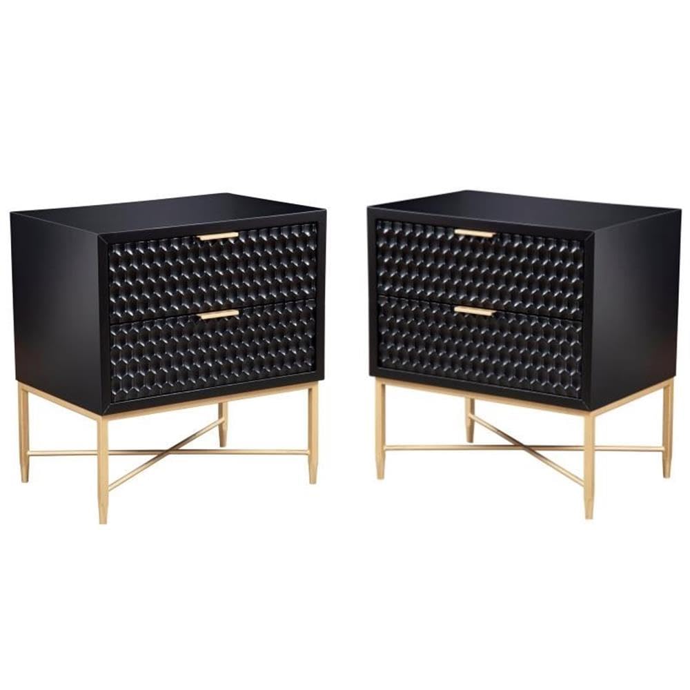 Black Wood Nightstand Set of 2 - Modern Two Drawer Bedside Table for Bedroom, Living Room & Office - Home Square Furniture