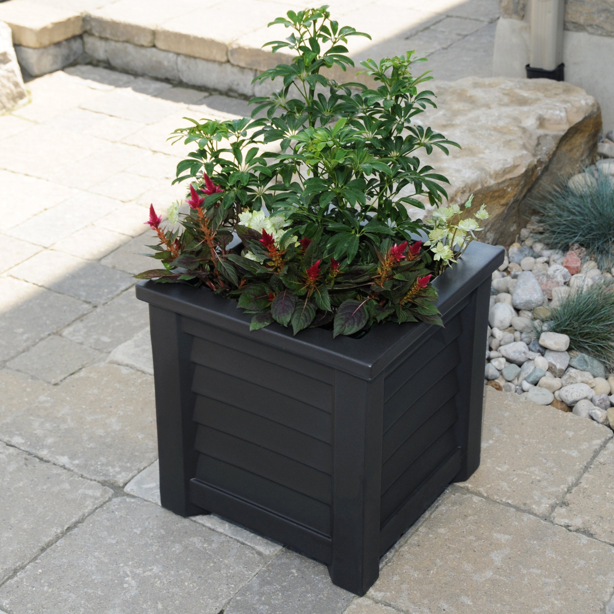 Mayne 5866-B Lakeland Square Patio Planter 16x16 Inch - Durable Outdoor Garden Flower Pot for Plants, Herbs & Succulents - Weather-Resistant Black Plastic Planter Box - Perfect for Patio, Deck, Balcony & Backyard Decor