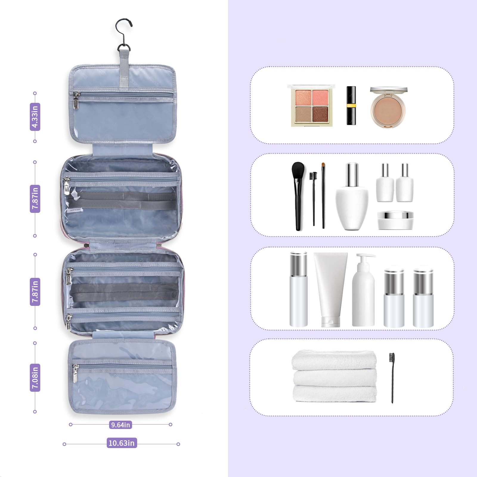 BOYATU Hanging Travel Toiletry Bag & Makeup Organizer - Large Capacity Cosmetic Bag with Handle, Portable for Women & Men (Purple) - Perfect for Vacation, Gym, Business Trips & Daily Use