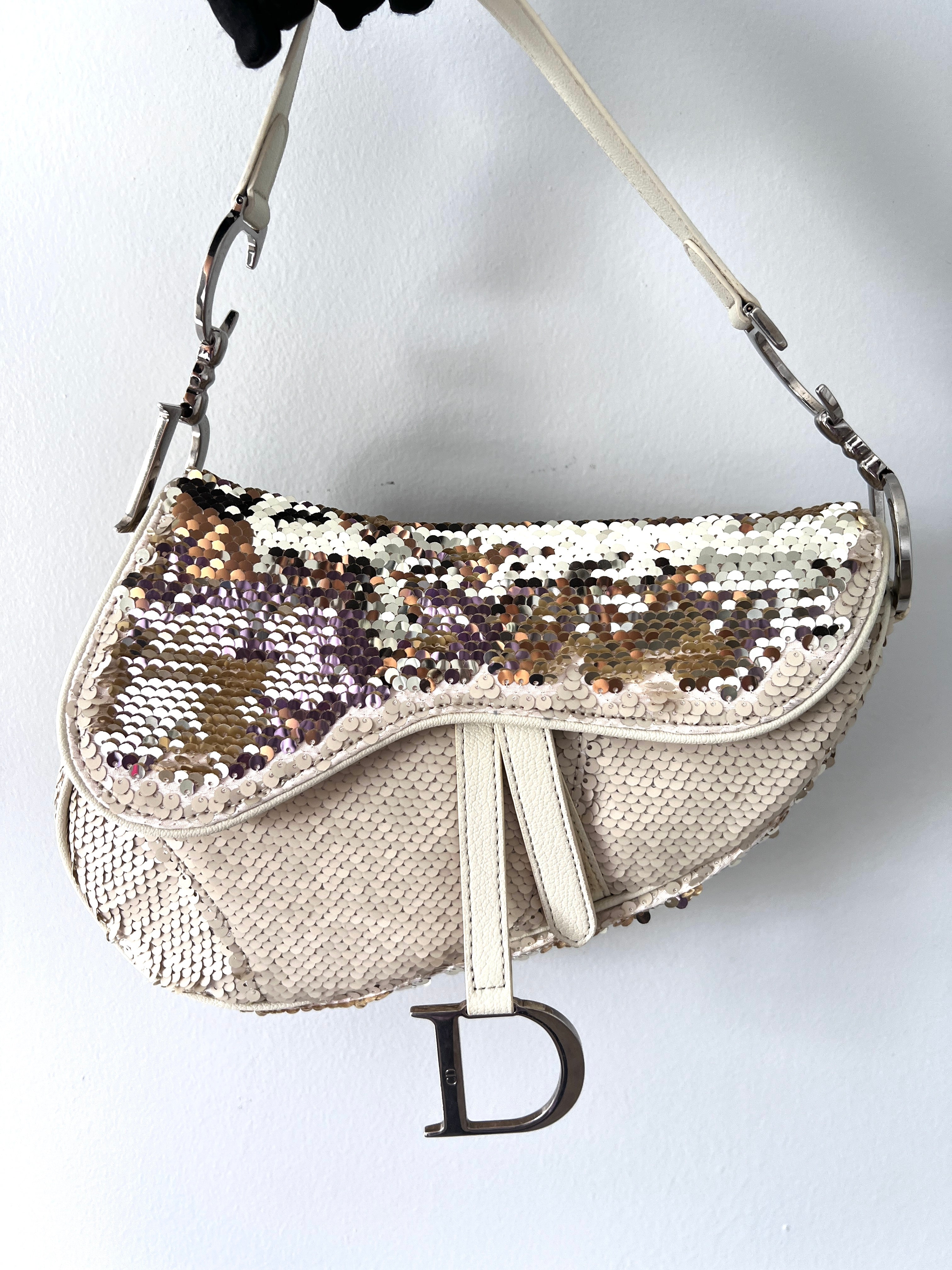 Vintage Dior Cream Reversible Sequin Saddle Bag - Matte & Radiant Finish | Luxury Crossbody Purse for Evening Parties, Weddings & Special Occasions
