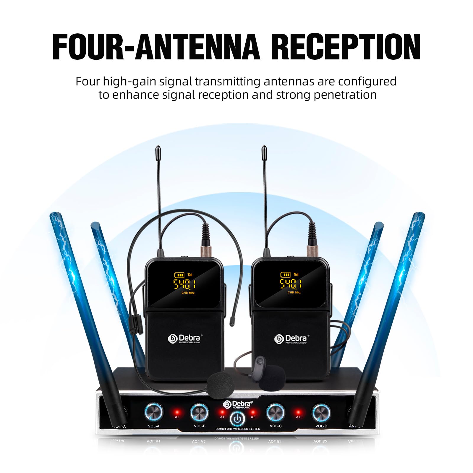 Professional DU4004 UHF Wireless Microphone System - 4 Adjustable Channels with 2 Handheld & 2 Lavalier Mics for Church, Meetings, Speeches & Events | D Debra Audio
