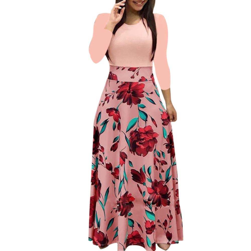 HAOREEKZ Women's Floral Print Maxi Dress - Long Sleeve Loose Fit Round Neck Party Dress for Fall, Holiday & Special Occasions (Pink, Plus Size 3XL) | Perfect for Beach Vacations, Date Nights & Casual Outings