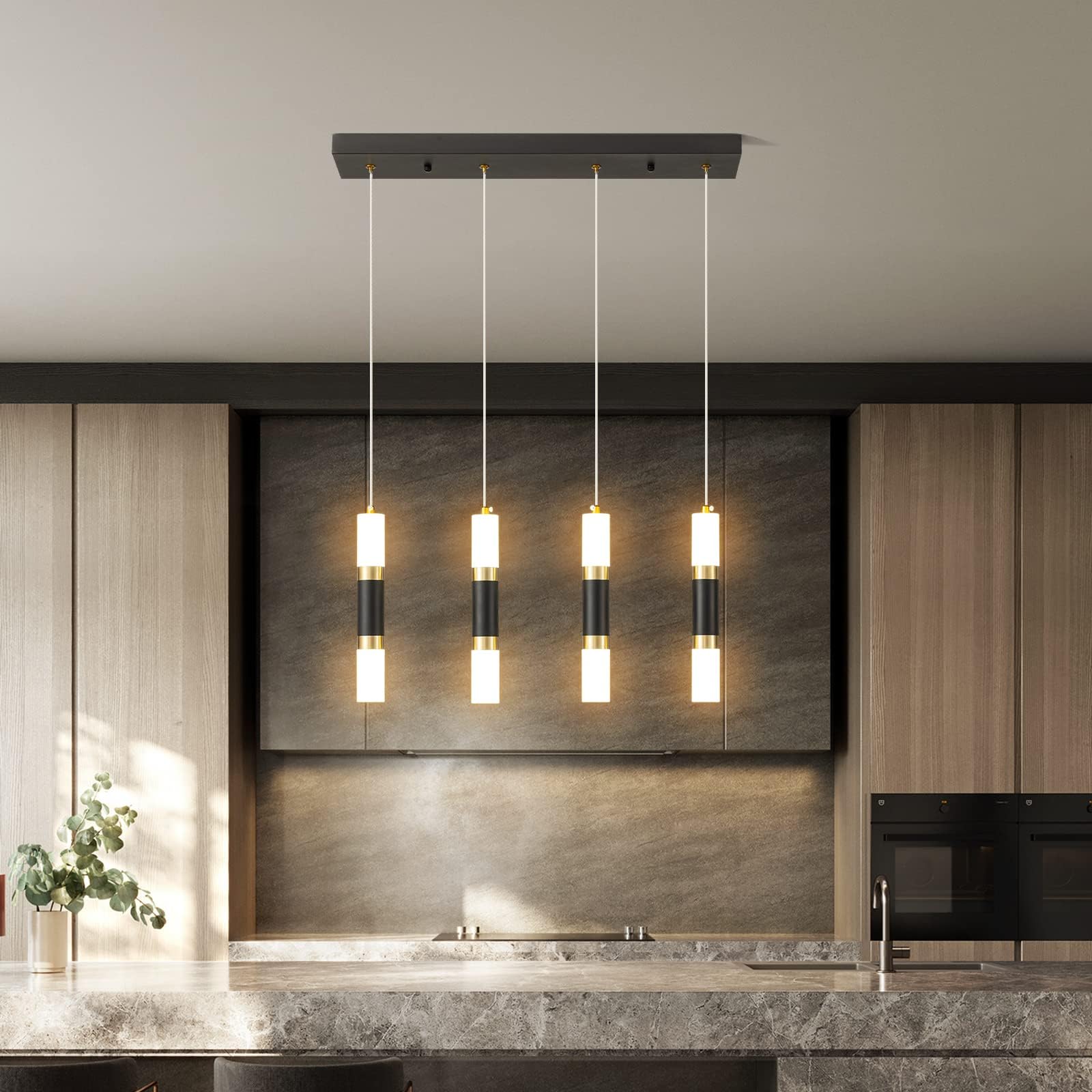 4-Light Modern Dimmable LED Pendant Light Fixture - Black & Gold Mini Island Lighting for Kitchen, Dining Room - Perfect for Contemporary Home Decor & Ambient Lighting