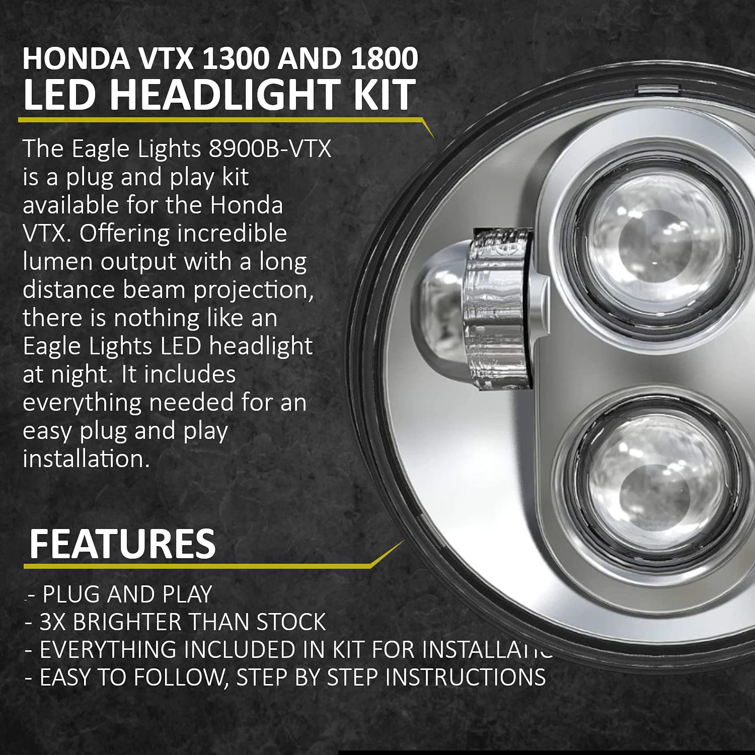 Eagle Lights 5.75 Inch LED Headlight Kit for Honda VTX 1800 & 1300 (2002-2008) - Plug and Play with Bracket & Hardware - High Brightness Chrome Motorcycle Headlight for Night Riding & Custom Builds