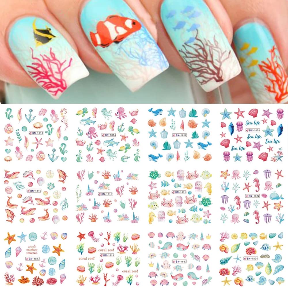 Ocean Nail Stickers - 12 Sheets Water Transfer Decals for Summer Nails | Starfish, Shark & Jellyfish Designs for DIY Manicures & Acrylic Nail Art
