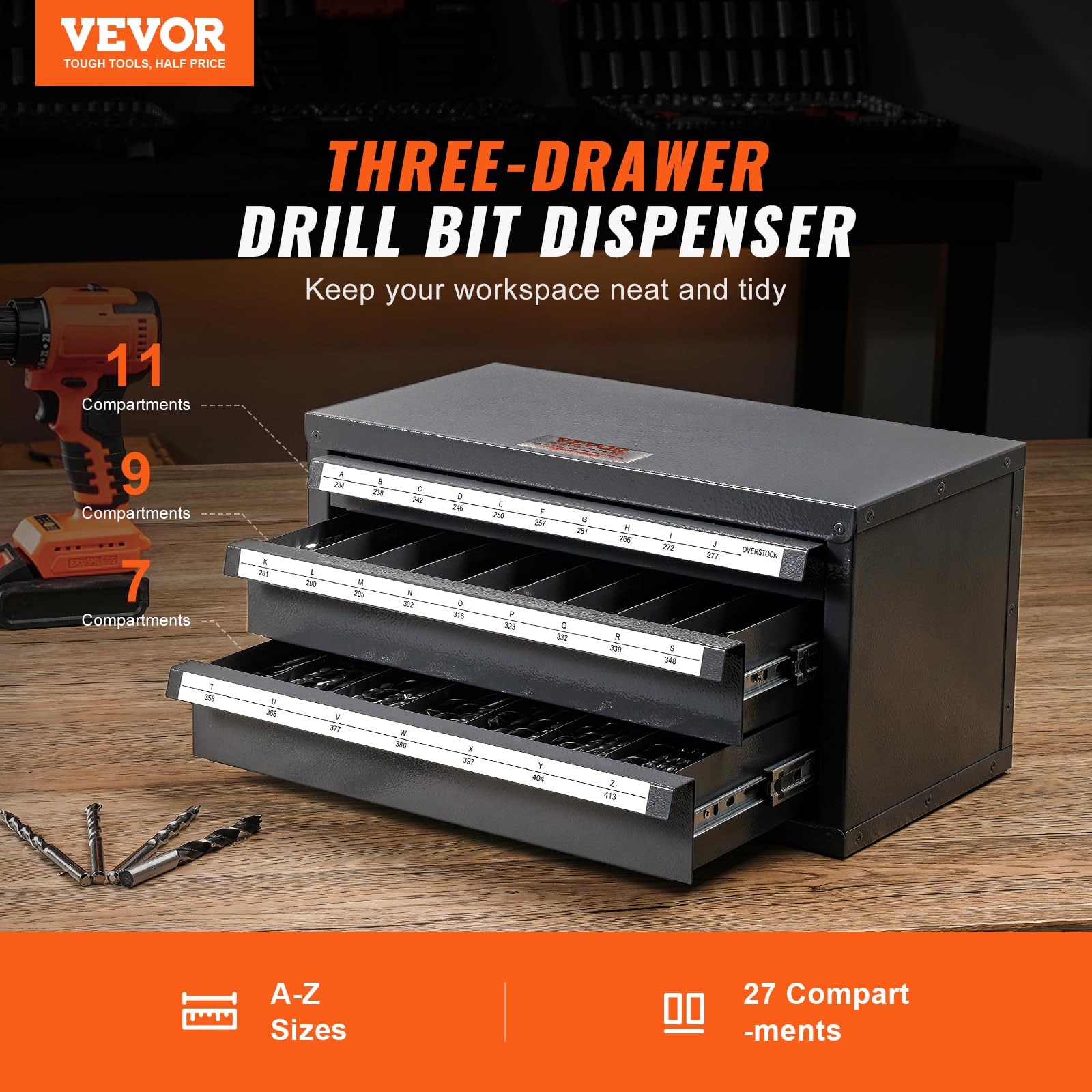 VEVOR 3-Drawer Drill Bit Organizer Cabinet - 27-Compartment Steel Drill Bit Storage for Letter Sizes A-Z | Workshop Tool Organization & Garage Storage Solution