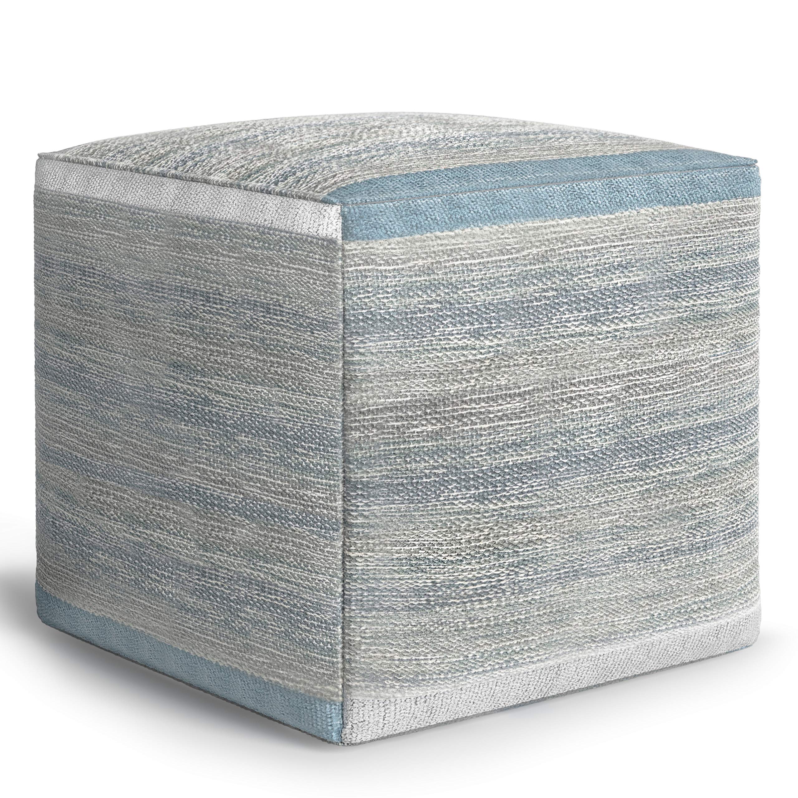 SIMPLIHOME Naya Cube Pouf & Footstool - Blue Melange Patterned Upholstered Cotton Ottoman for Living Room, Bedroom, Nursery | Transitional Boho Home Decor | Perfect for Lounging, Extra Seating & Kids Play Area