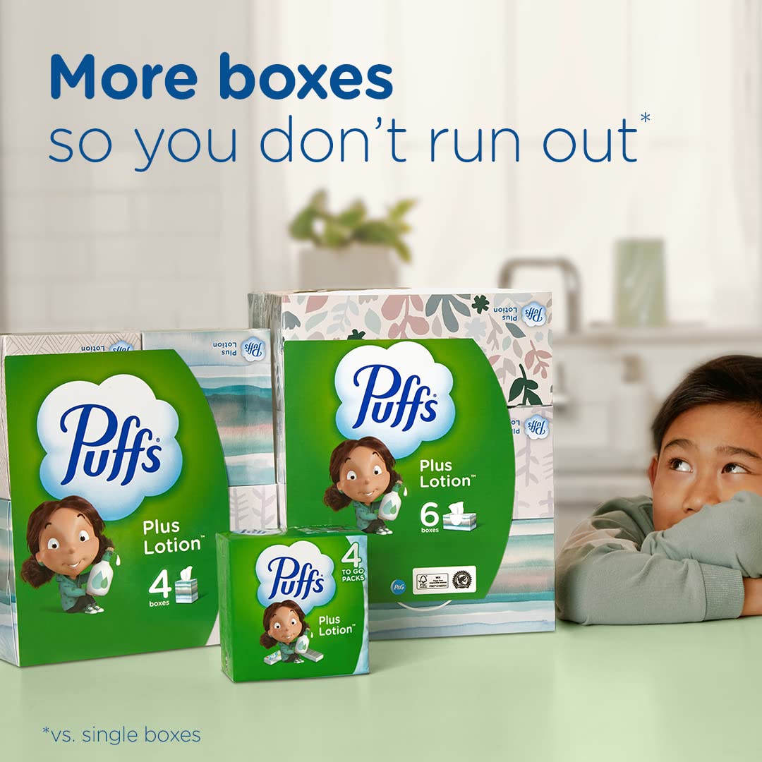Puffs Plus Lotion Facial Tissues - Ultra Soft & Hypoallergenic, 56 Tissues per Box (4 Cube Boxes Pack) - Perfect for Home, Office & Travel Use