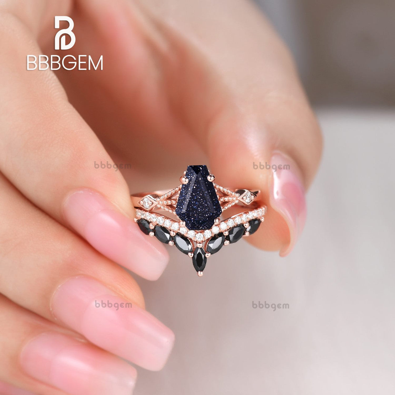 Gothic Skull Coffin Ring Set - Blue Goldstone Engagement Ring & Black Spinel Wedding Band for Alternative Couples, Dark Romance Jewelry Gift for Halloween, Vampire Themed Weddings