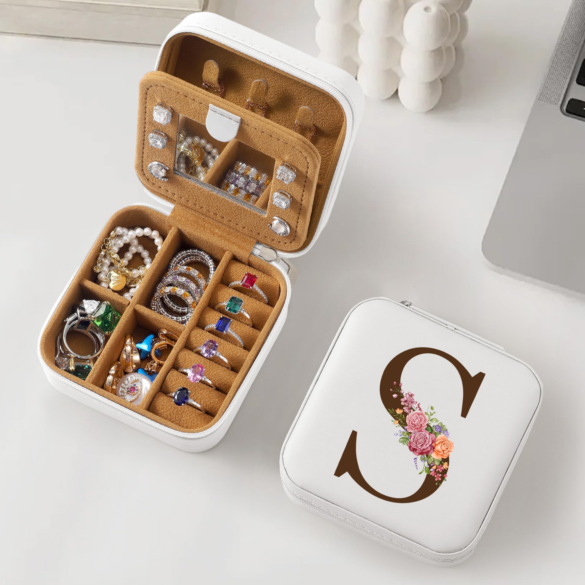 Personalized Initial Jewelry Box - Elegant Travel Jewelry Case for Women with Letter S, White - Perfect 21st 30th 40th 50th 60th 70th Birthday Gift Idea for Her - Great for Travel, Anniversary, Mother's Day & Special Occasions