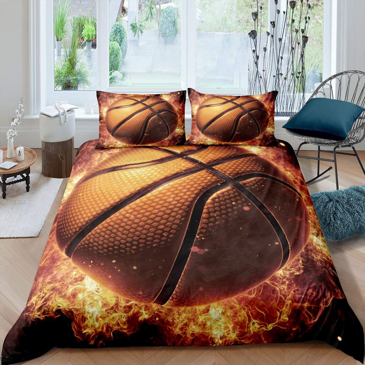 3D Basketball Duvet Cover Set - Queen Size Sports Bedding for Kids & Teens | Fire Basketball Design Athlete-Themed Luxury Comforter Cover with Zipper Closure | Perfect for Boys' Room Decor, Game Day Parties & Sports Enthusiast Gifts (3-Piece Set)