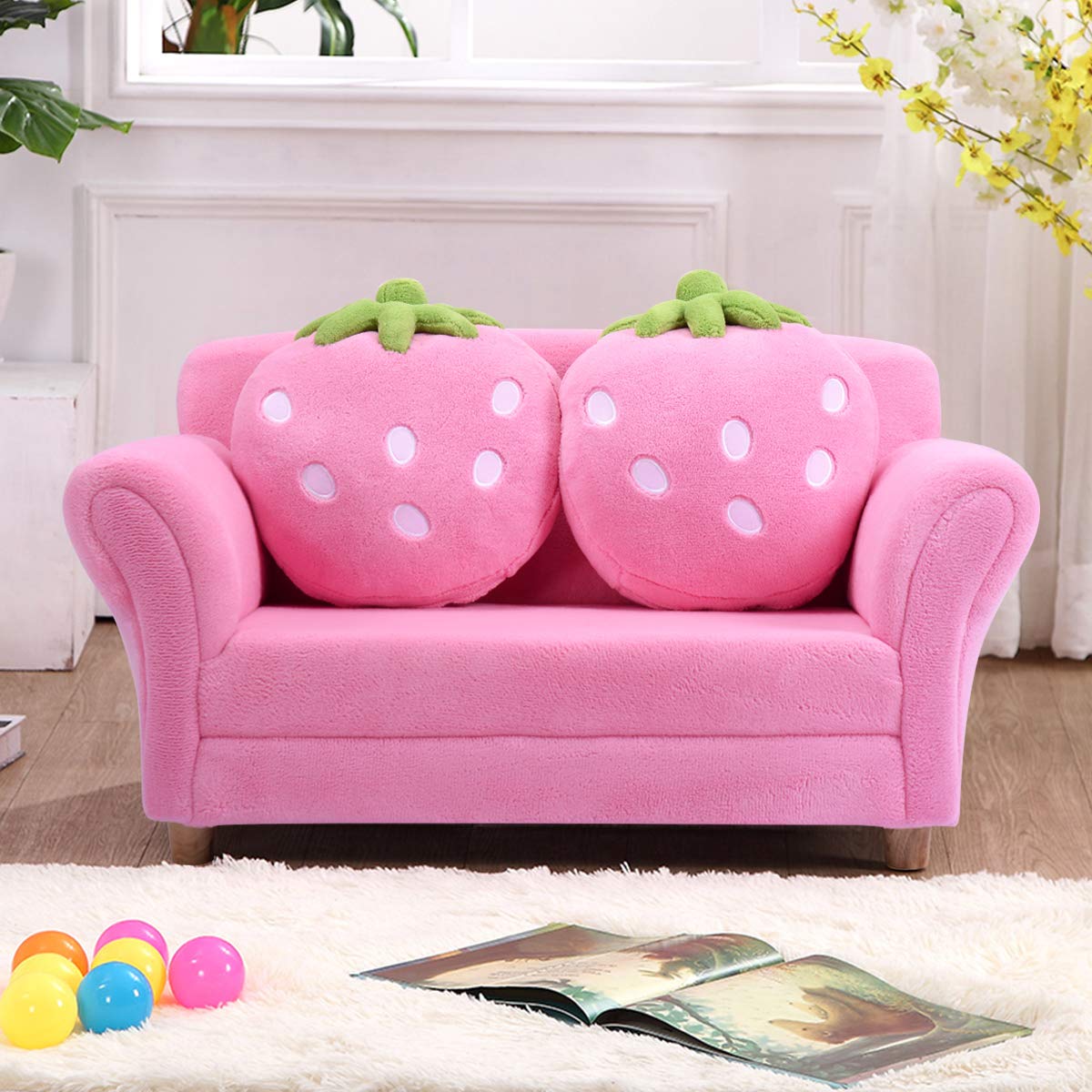 Costzon Kids Double Seat Sofa - Pink Toddler Armrest Chair with 2 Strawberry Pillows, Soft Loveseat for Girls & Boys, Perfect for Bedroom, Living Room & Playroom - Ideal Preschool Gift & Cozy Reading Nook