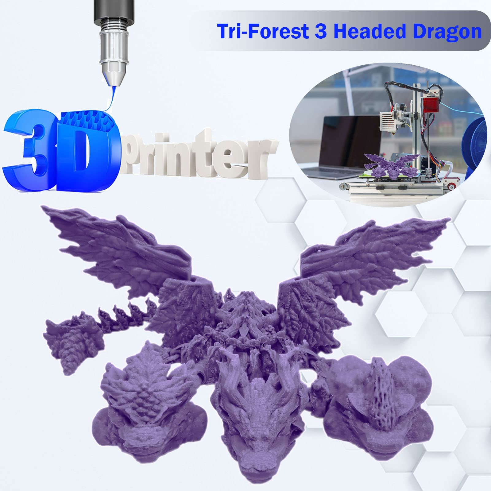 3D Printed Articulated Three-Headed Dragon Toy - Ancient Mythical Beast Collectible Figure with Poseable Joints, Anti-Stress Fidget Toy for Adults (15.7 Inch Lucky Purple) | Perfect for Fantasy Decor, D&D Gaming, and Collector's Display