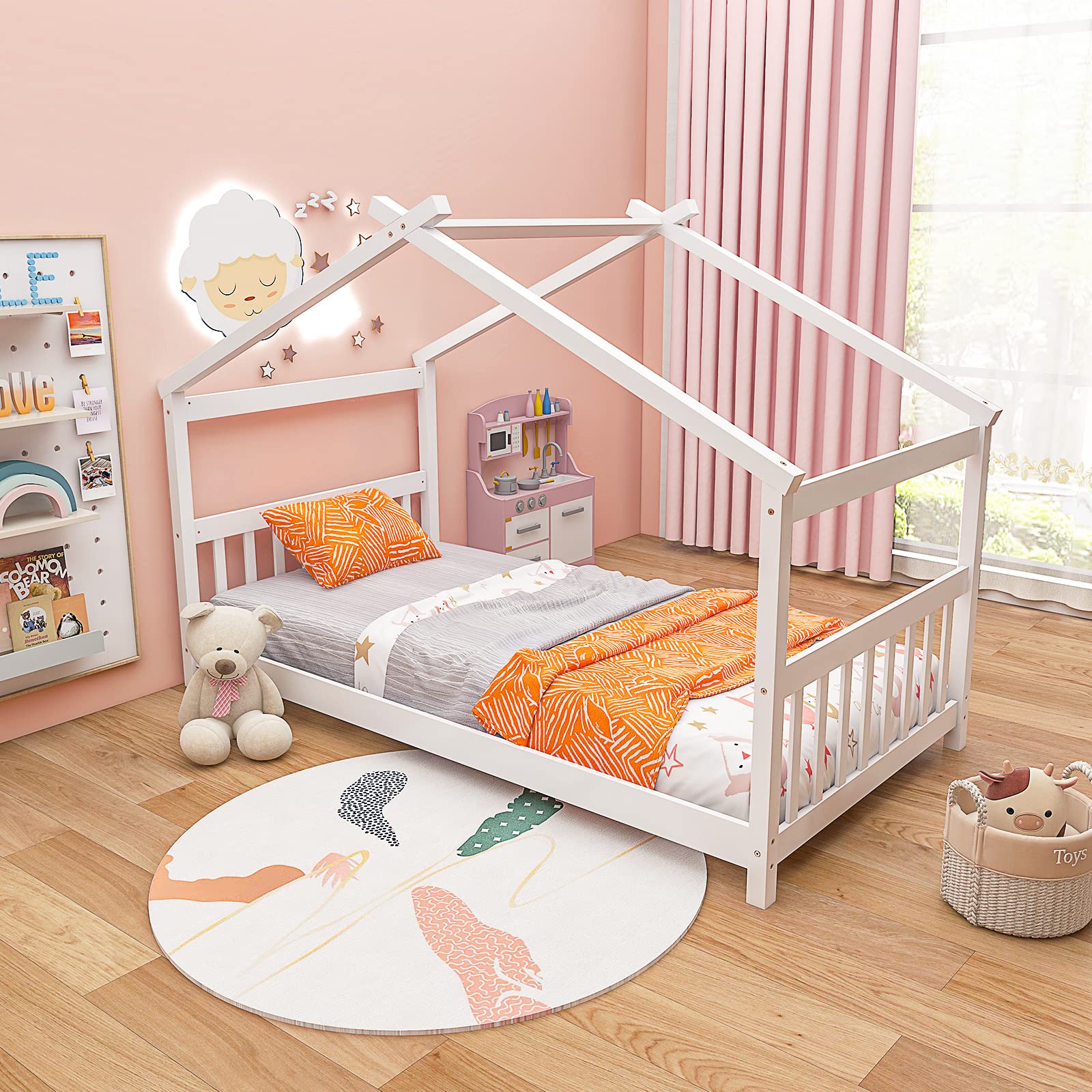 **Giantex Solid Wood Twin House Bed with Roof - Low Floor Kids Bed Frame for Toddlers, Teens, Boys & Girls - No Box Spring Needed - White - Perfect for Nursery, Playroom & Cozy Bedroom Decor**