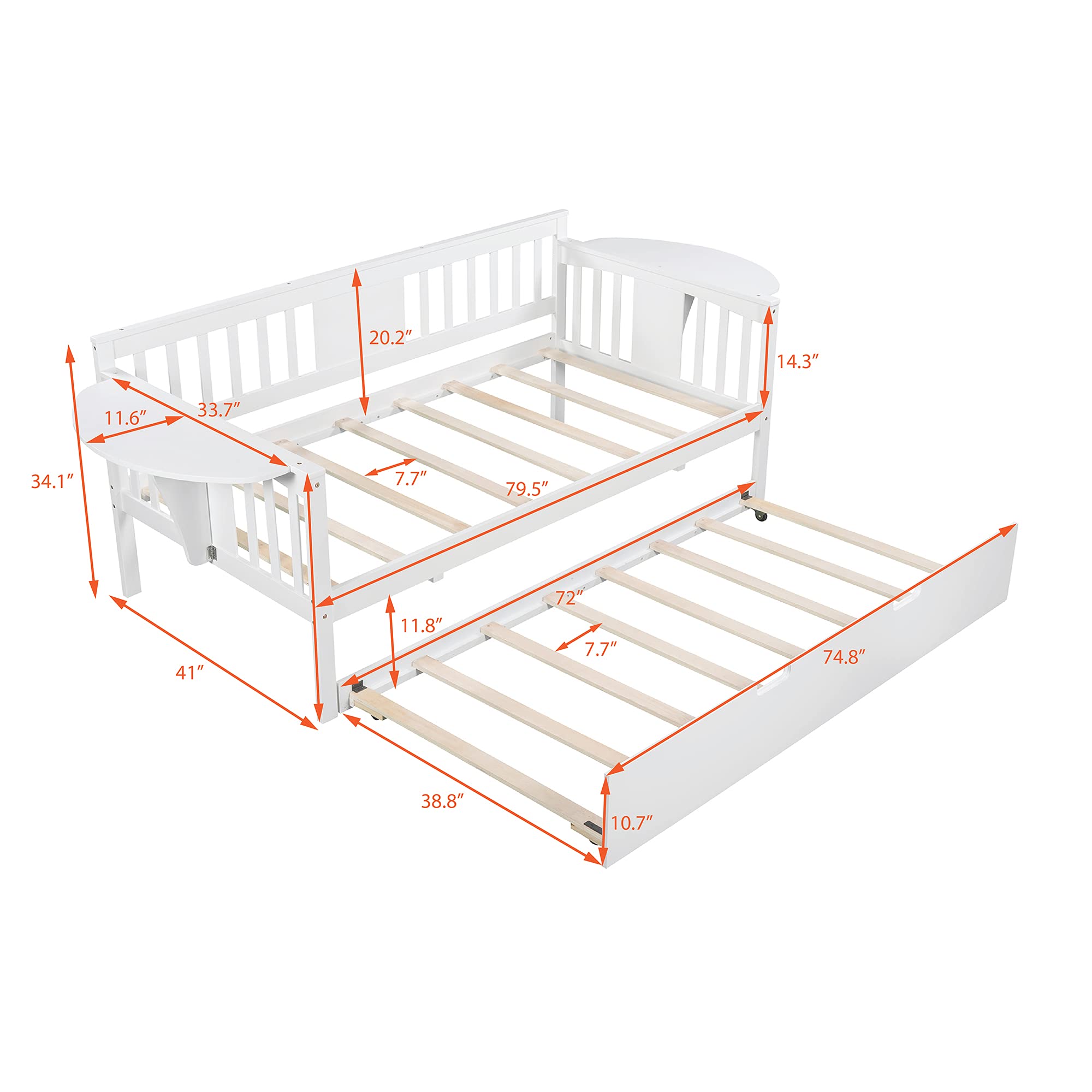 Solid Wood Twin Daybed with Trundle Bed - White Wooden Daybed Frame with Side Tables - Convertible Sofa Bed for Bedroom, Living Room & Guest Room - Perfect for Small Spaces, Sleepovers and Multi-Purpose Use