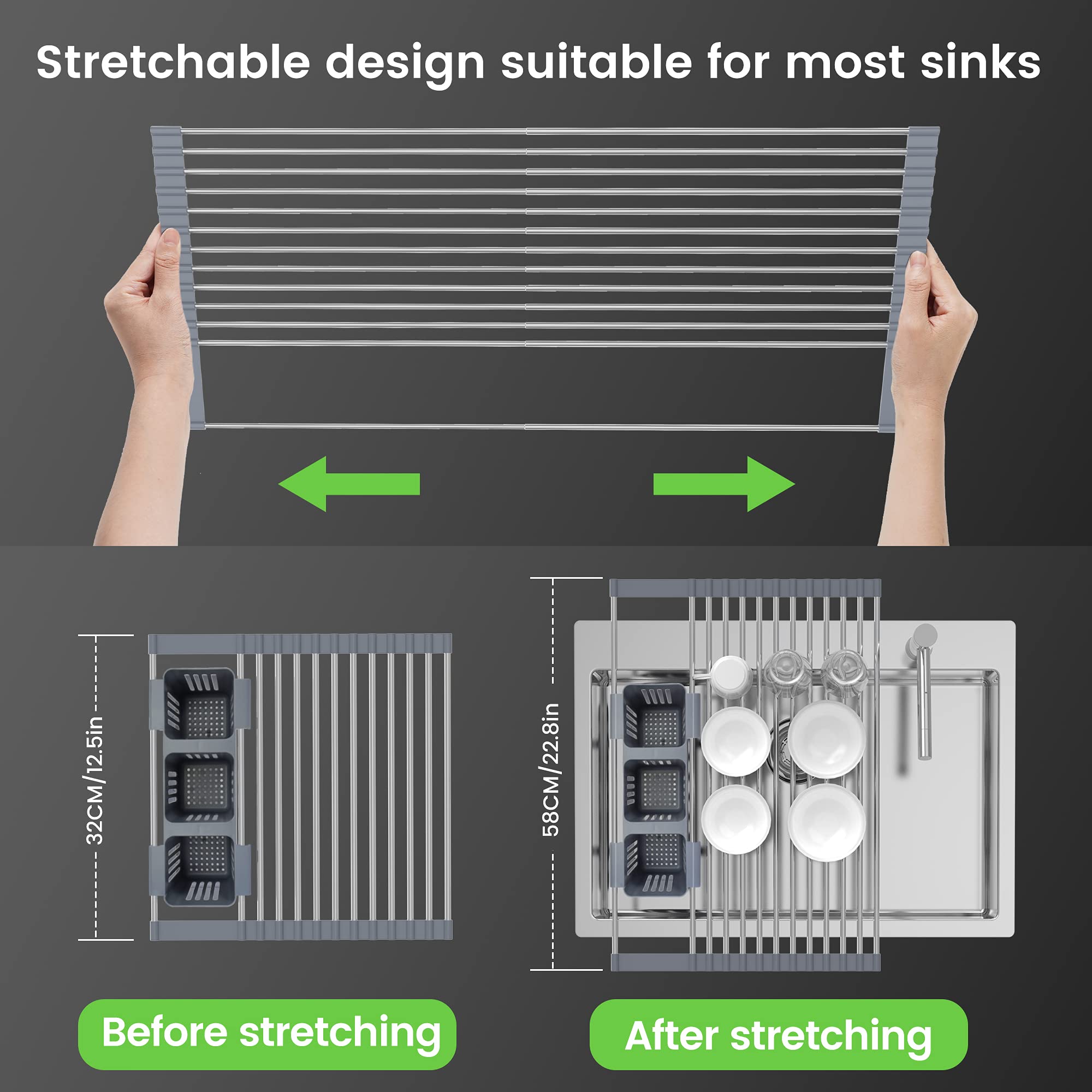 Expandable Roll Up Dish Drying Rack - Extends to 22.8 Inches with 2 Storage Baskets | Over The Sink Kitchen Drainer | Foldable & Rollable Design for Dishes, Cups, Fruits & Utensils | Perfect for Small Spaces & Apartment Living