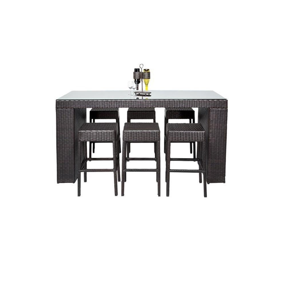 TK Classics BARTABLE 6 Barbados 7-Piece Outdoor Wicker Patio Bar Set with Backless Barstools - Espresso Brown Rattan Furniture for Poolside, Deck, Garden & Backyard Entertaining