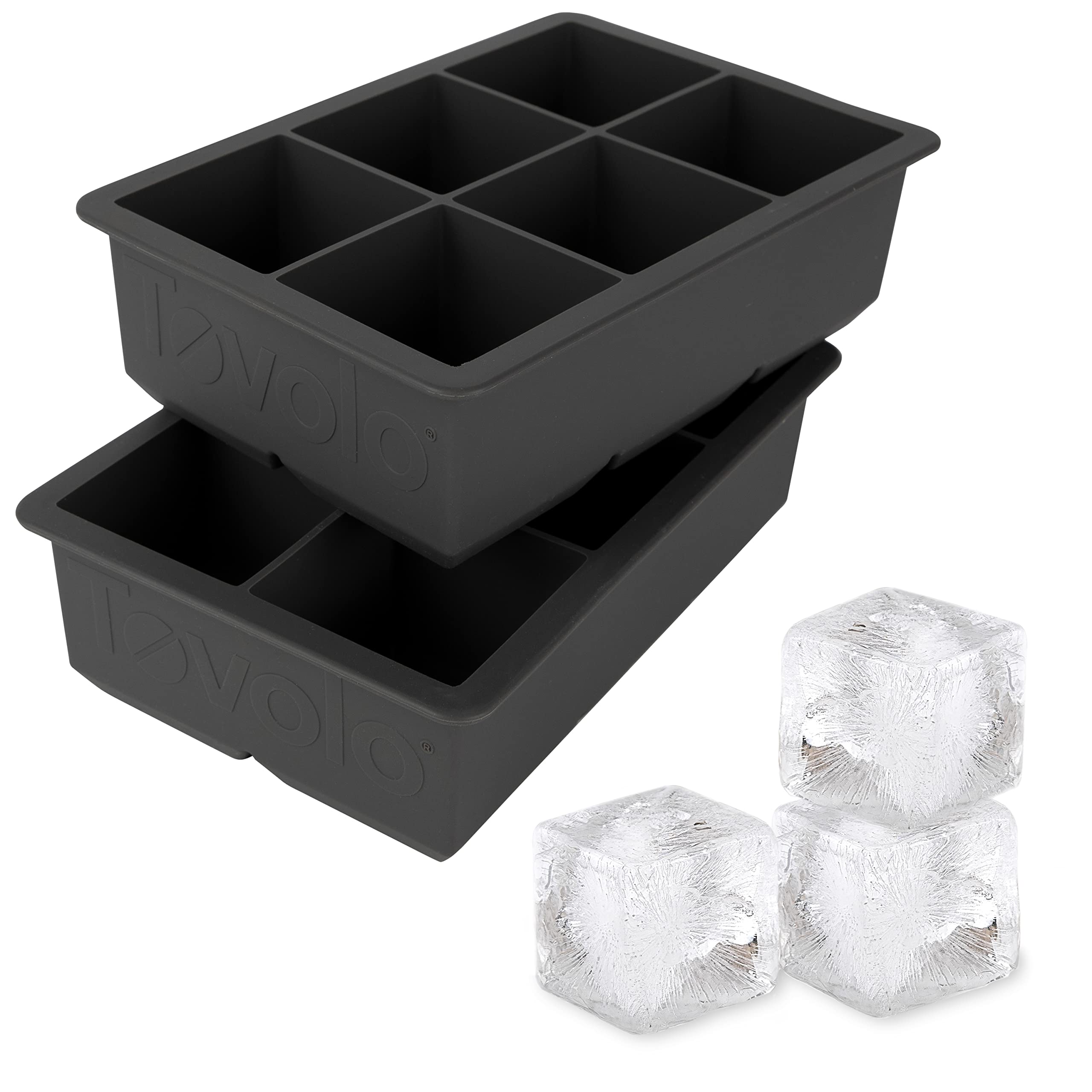 Tovolo King Cube Ice Mold Tray - Durable Silicone 2-Inch Ice Cube Maker (Set of 2) - Fade-Resistant, Long-Lasting Charcoal Gray Ice Trays for Cocktails, Whiskey & Home Bar Use