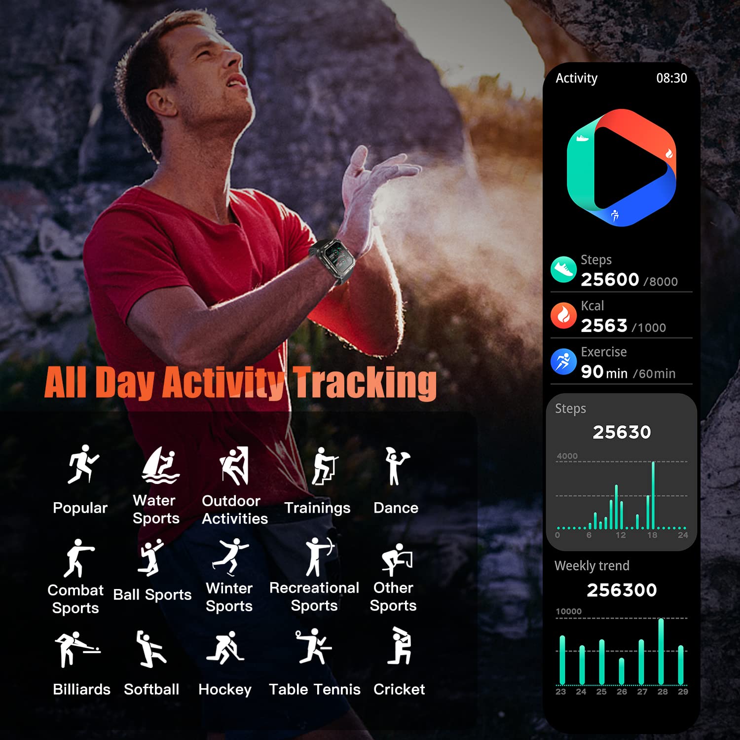 Military Rugged Smartwatch for Men - IP68 Waterproof Fitness Tracker with Call Function, 1.83
