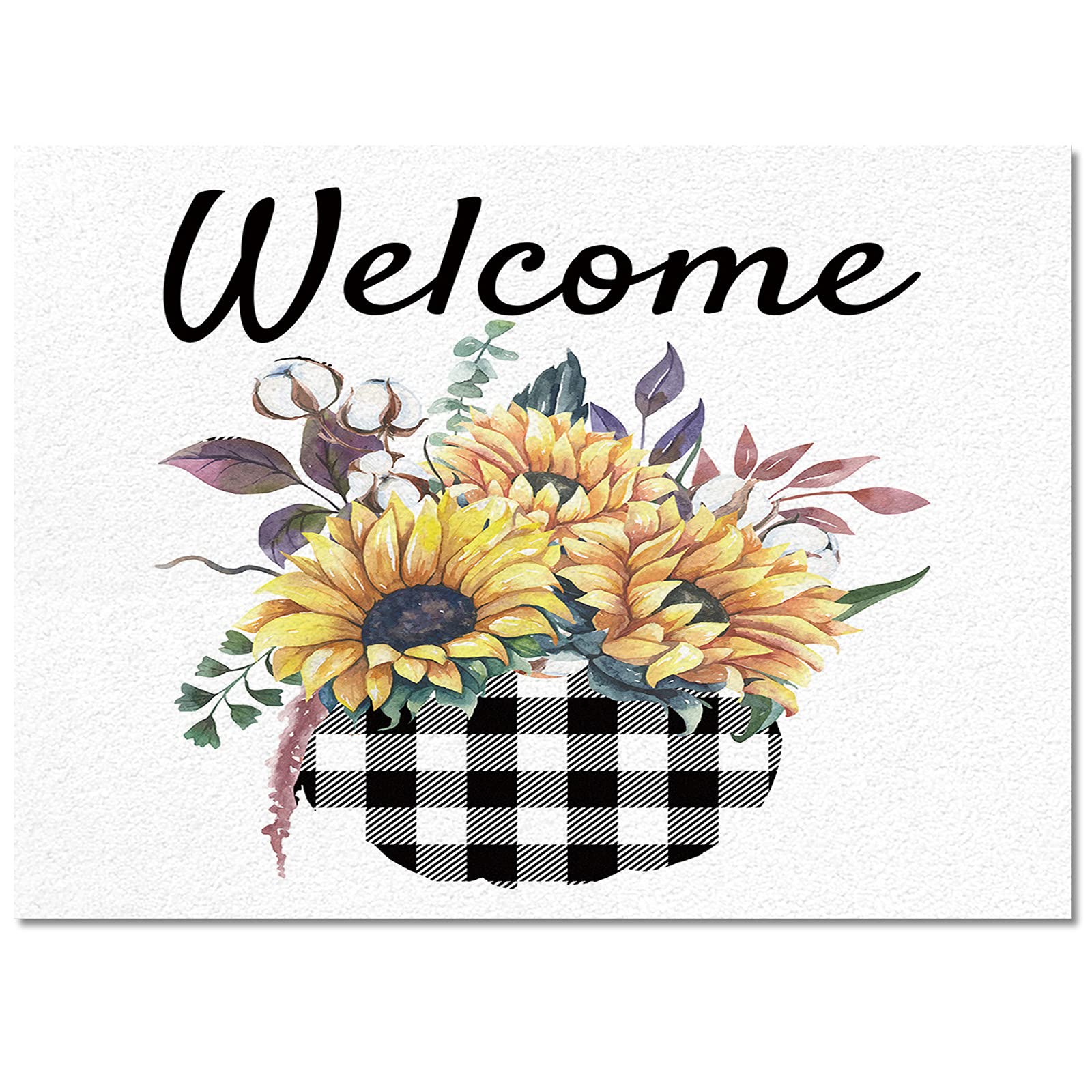 4' x 6' Black Plaid Sunflower Welcome Non-Slip Area Rug - Floral Floor Mat for Living Room, Bedroom, Entryway - Perfect for Home Decor & High Traffic Areas