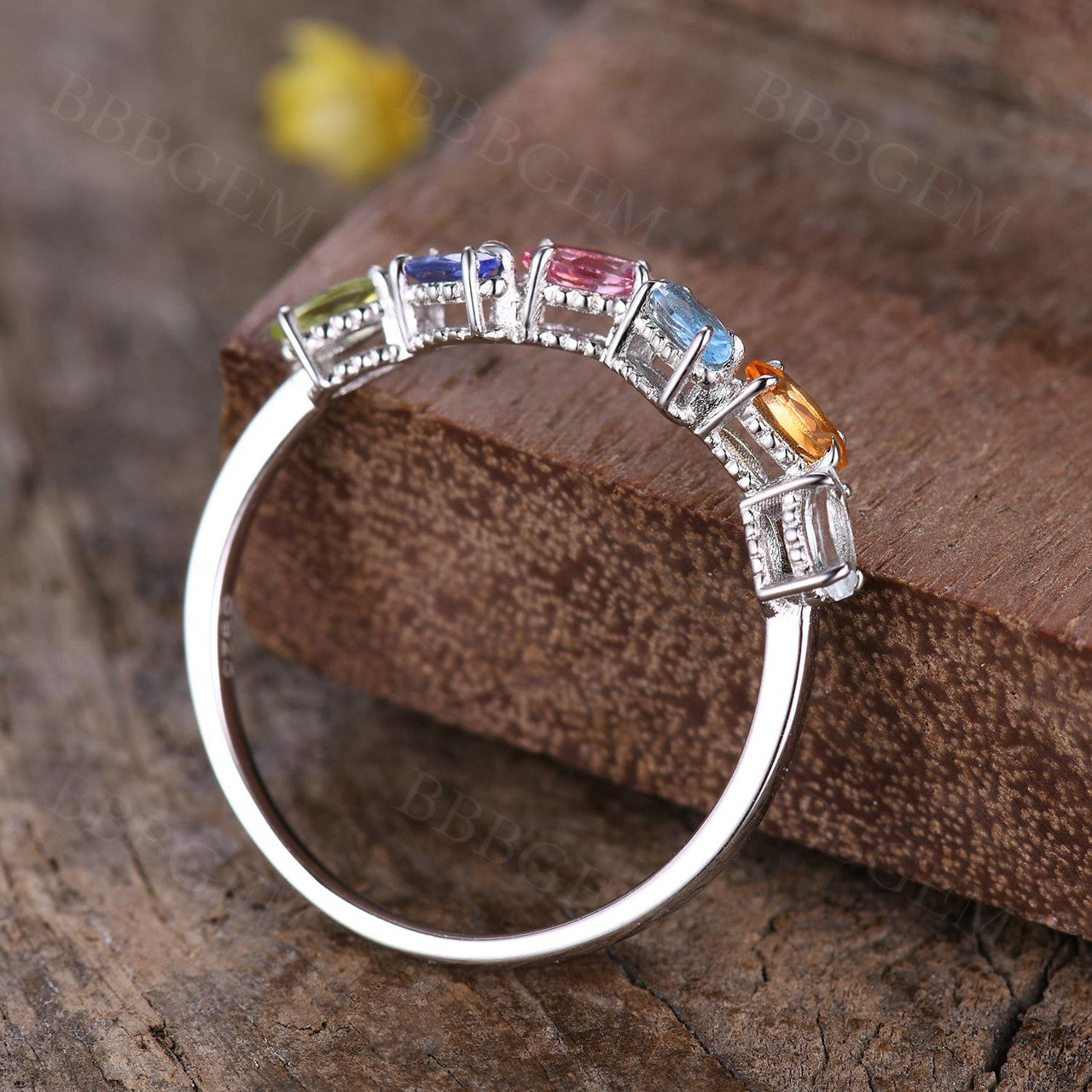 14K White Gold Rainbow Birthstone Stackable Ring - Multi Color Gemstone Band for Mom, Family, Gift | Perfect for Birthdays, Anniversaries, Mother's Day & Everyday Wear