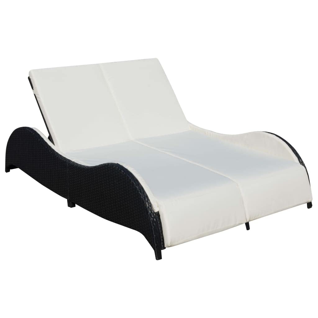 Premium Outdoor Reclining Chaise Lounge Chair - All-Weather Sun Tanning Lounger with Cushion | Double Sunbed for Poolside, Beach, Patio & Deck | Durable Poly Rattan in Black | Perfect for Relaxation & Sunbathing