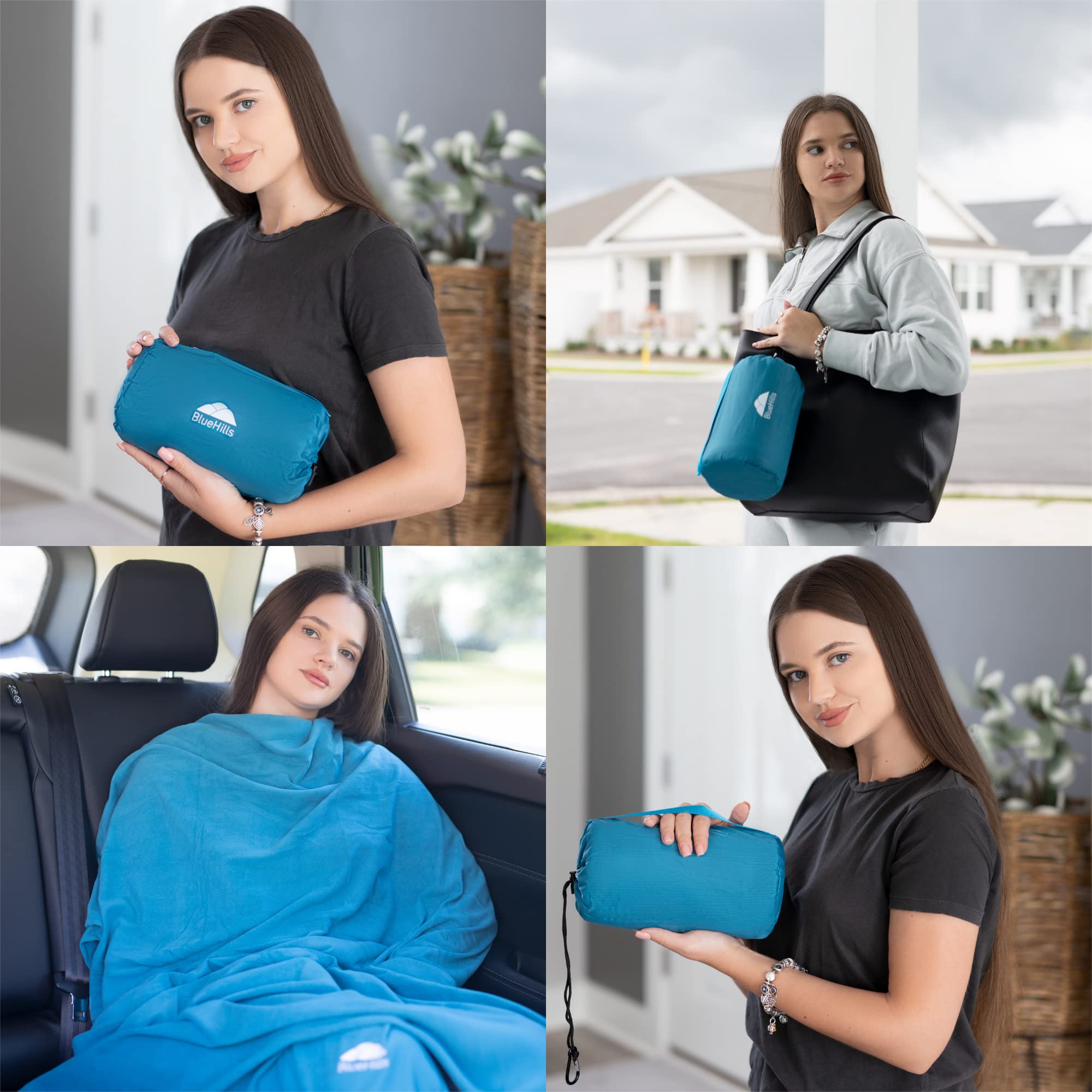 Ultra Compact Travel Blankets for Two - Premium Soft Plush Large Airplane Blankets with Carry Case - 2 Pack for Couples Traveling by Car, Plane, Train or Hotel Stay - Perfect for Cold Flights, Road Trips & Cozy Nights - Teal Blue Peacock Design (C204-2pk)