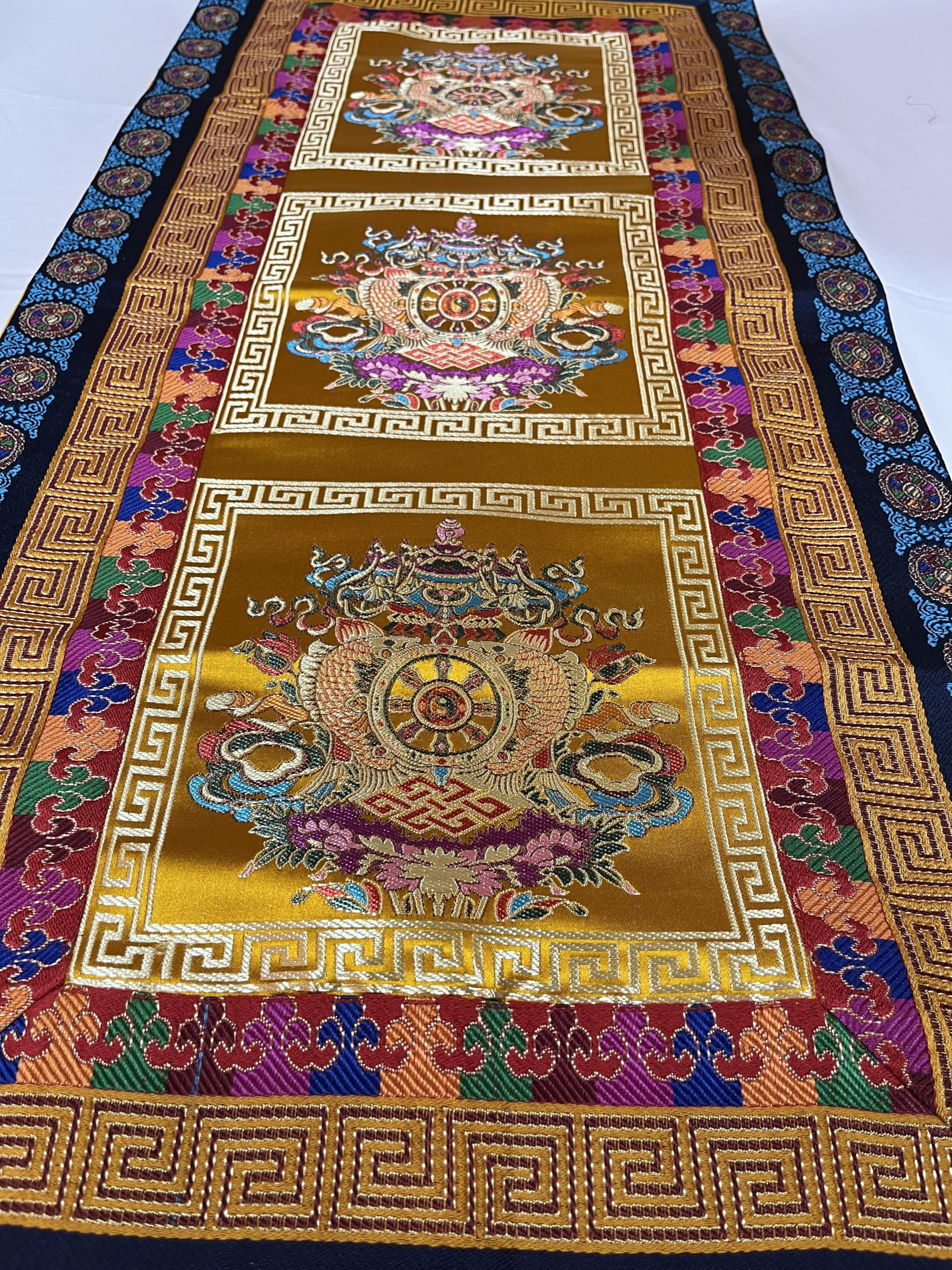 Handmade Tibetan Buddhist Silk Brocade Table Runner - Traditional Auspicious Symbol Altar Cloth & Shrine Cover - Nepalese Yellow Table Decor for Home, Wedding & Meditation Spaces