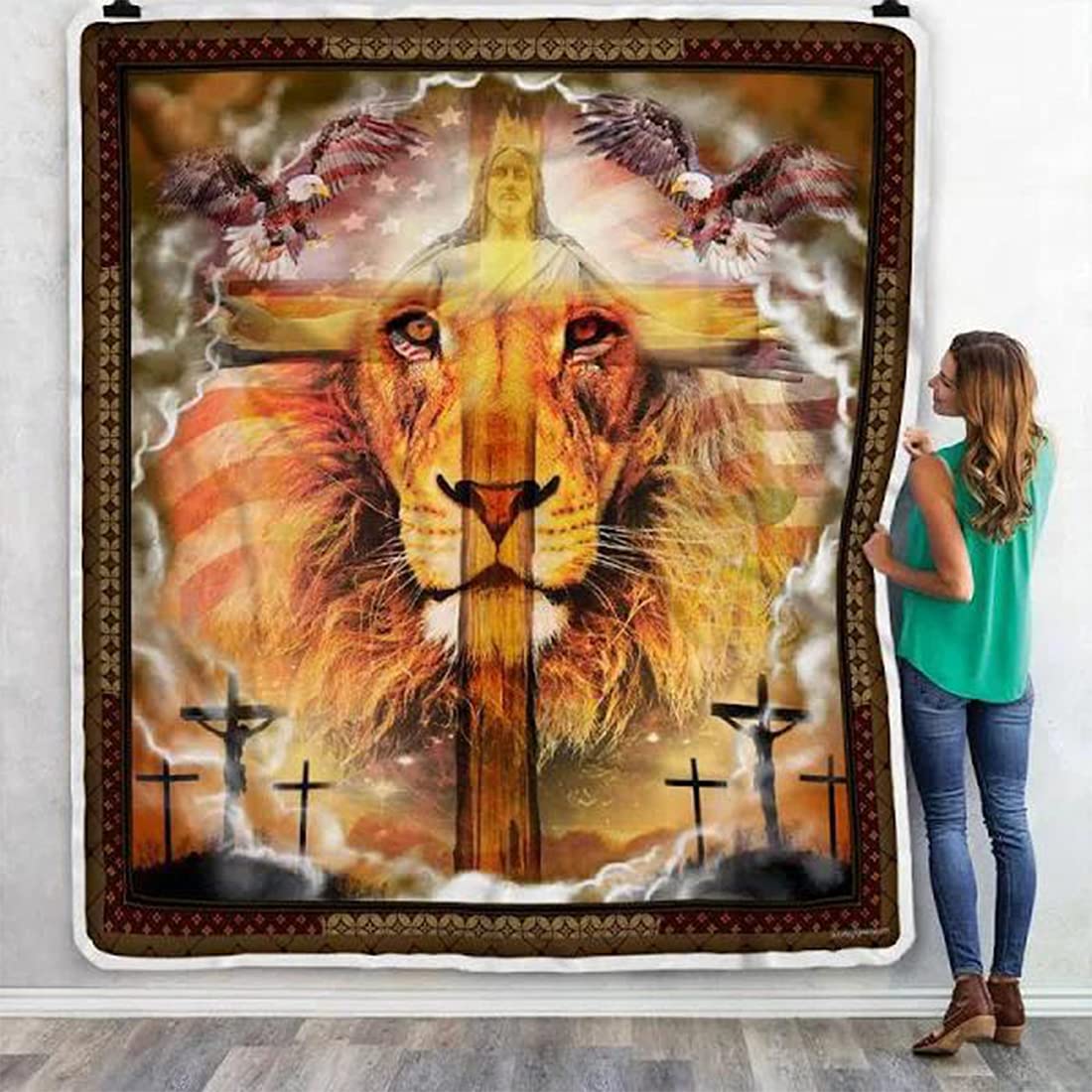 Cross Eagle Fleece Blankets - Ultra Soft Sherpa Throw Blanket with 3D Printing | Custom Personalized Blankets for Men & Women | Perfect for Sofa, Bed, Picnic & Outdoor Use | Lion of Judah Design - Ideal Gift for Christmas, Birthday & Anniversary