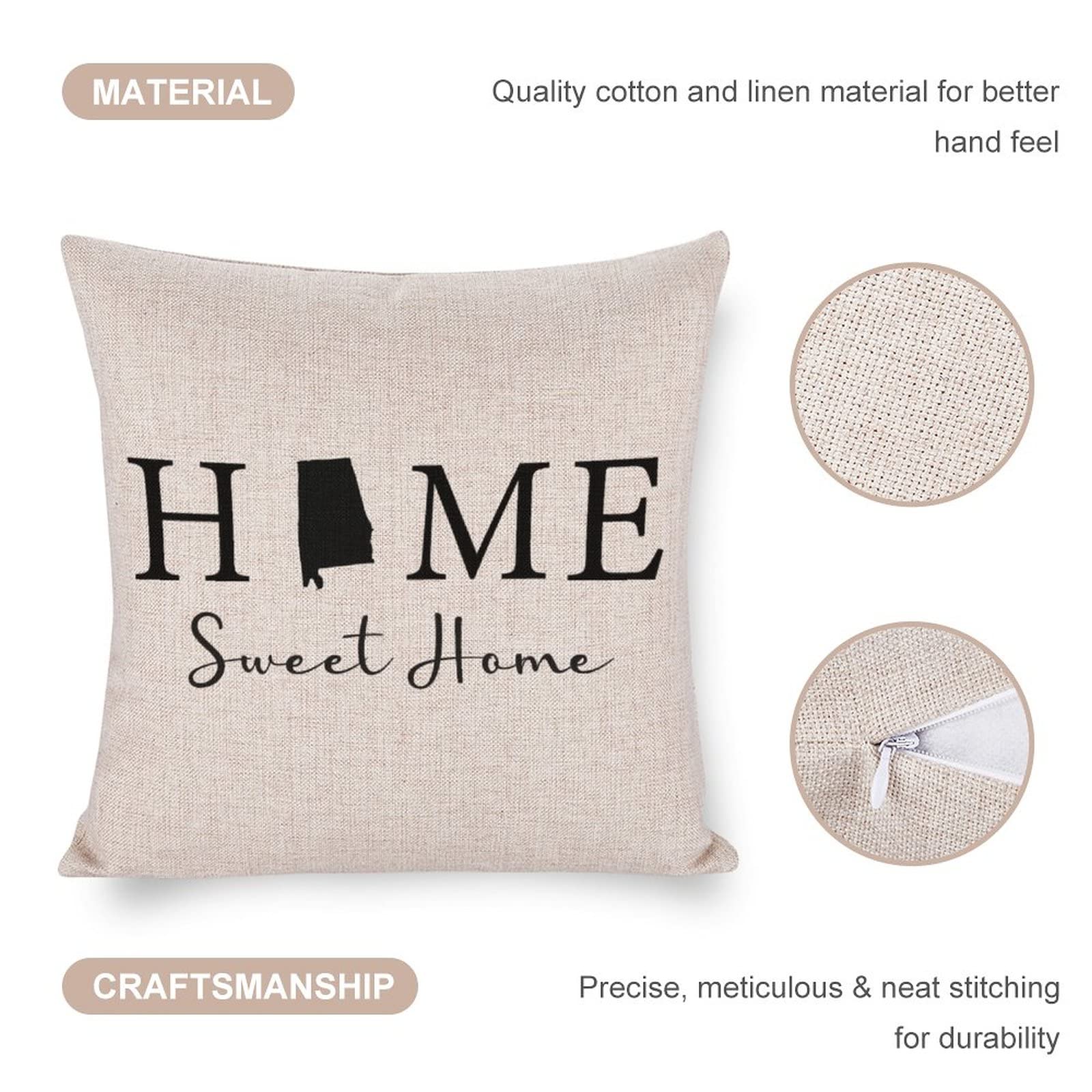 Alabama State Map Linen Throw Pillow Covers 20x20 Inches - Farmhouse Home Sweet Home Decorative Cushion Covers for Living Room, Bedroom & Sofa - Cozy Southern Style Home Decor
