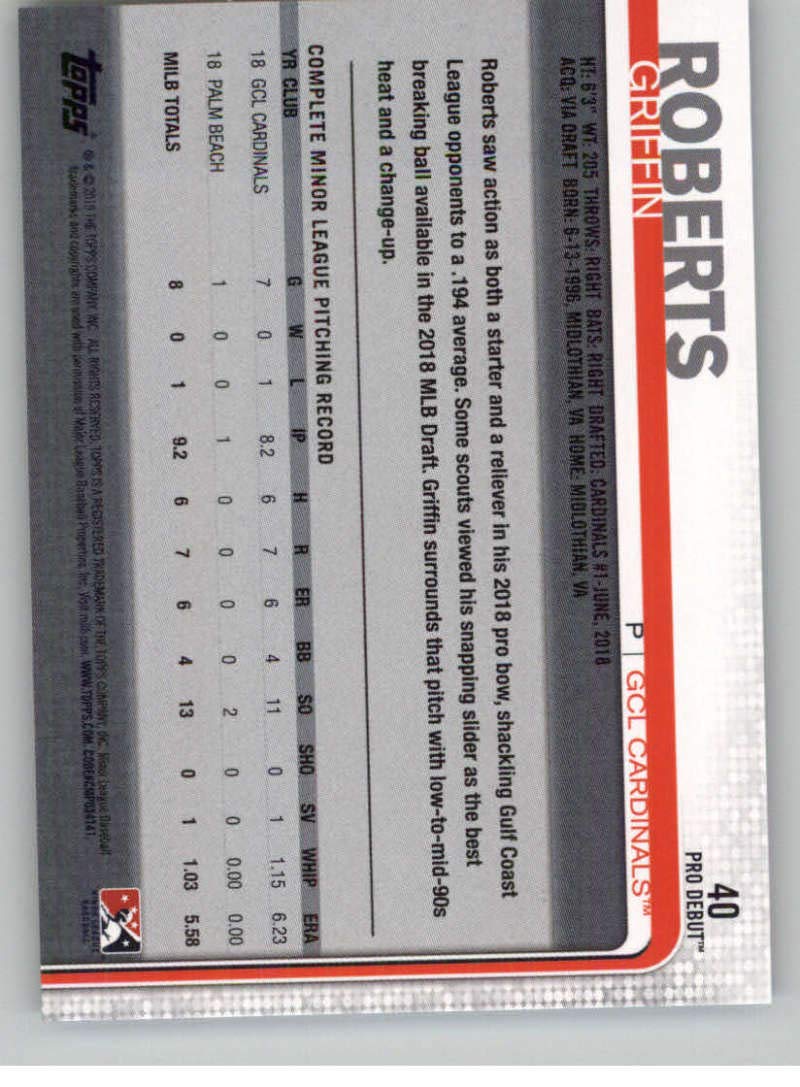 2019 Topps Pro Debut Griffin Roberts Baseball Card #40 - Perfect for Collectors & Fans