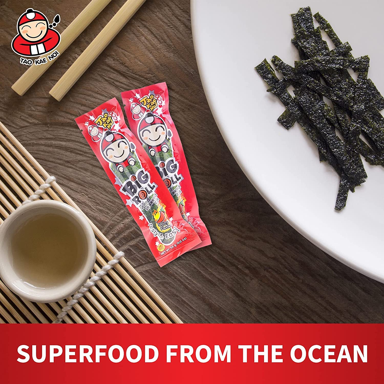 Tao Kae Noi Big Roll Grilled Seaweed Snacks - Spicy Flavor, Healthy Nori Sheet Rolls for Kids & Adults, 6 Pack (3g Bags) | Perfect for Lunchboxes, Office Snacks & Keto Diet