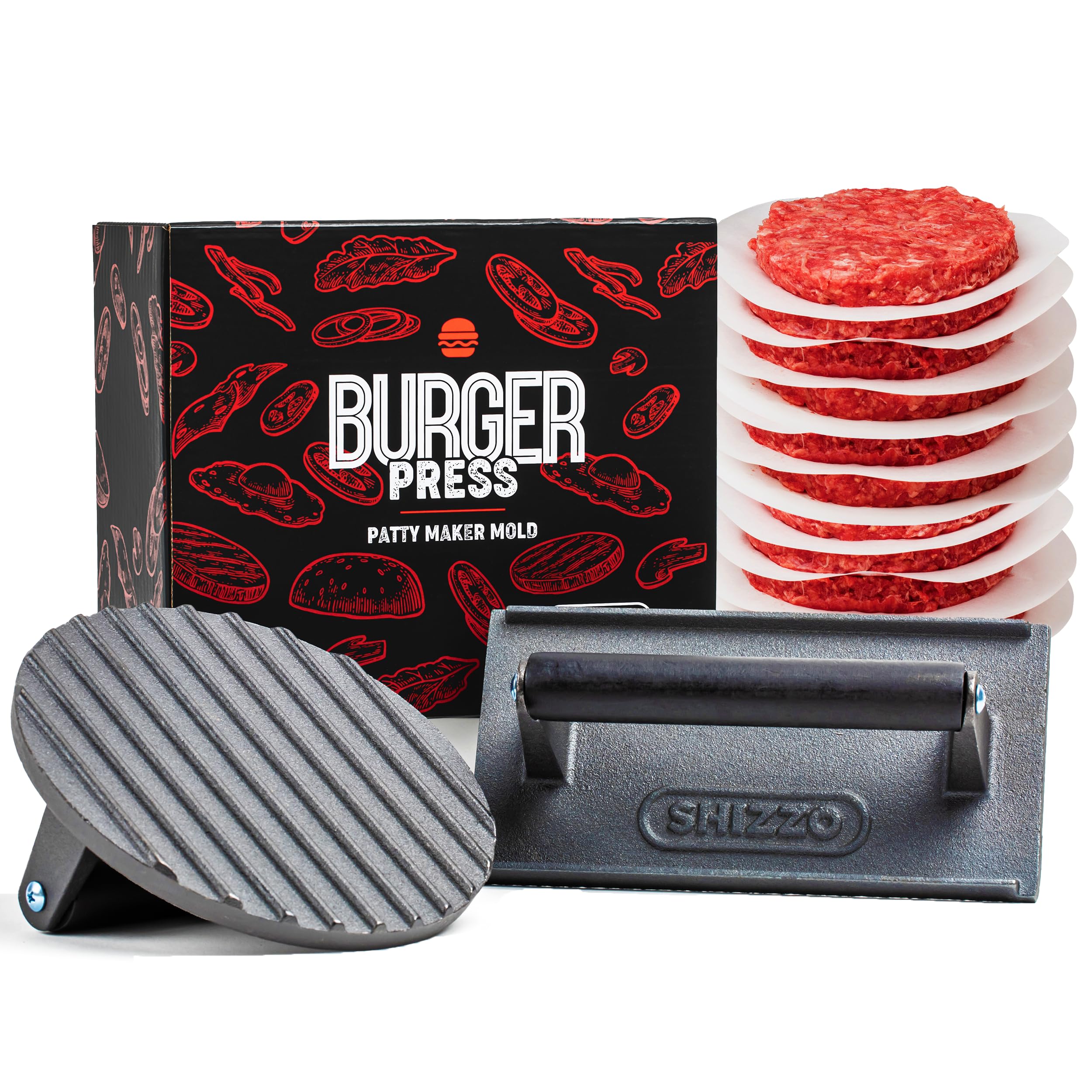 Cast Iron Smash Burger Press Kit - Heavy Duty Round & Rectangle Bacon Smasher with 50 Patty Papers - Weighted Grill Press for Smashburgers, Griddle Cooking Tools & Hamburger Making - Perfect for Backyard BBQs, Diner-Style Burgers & Restaurant-Quality Home Cooking