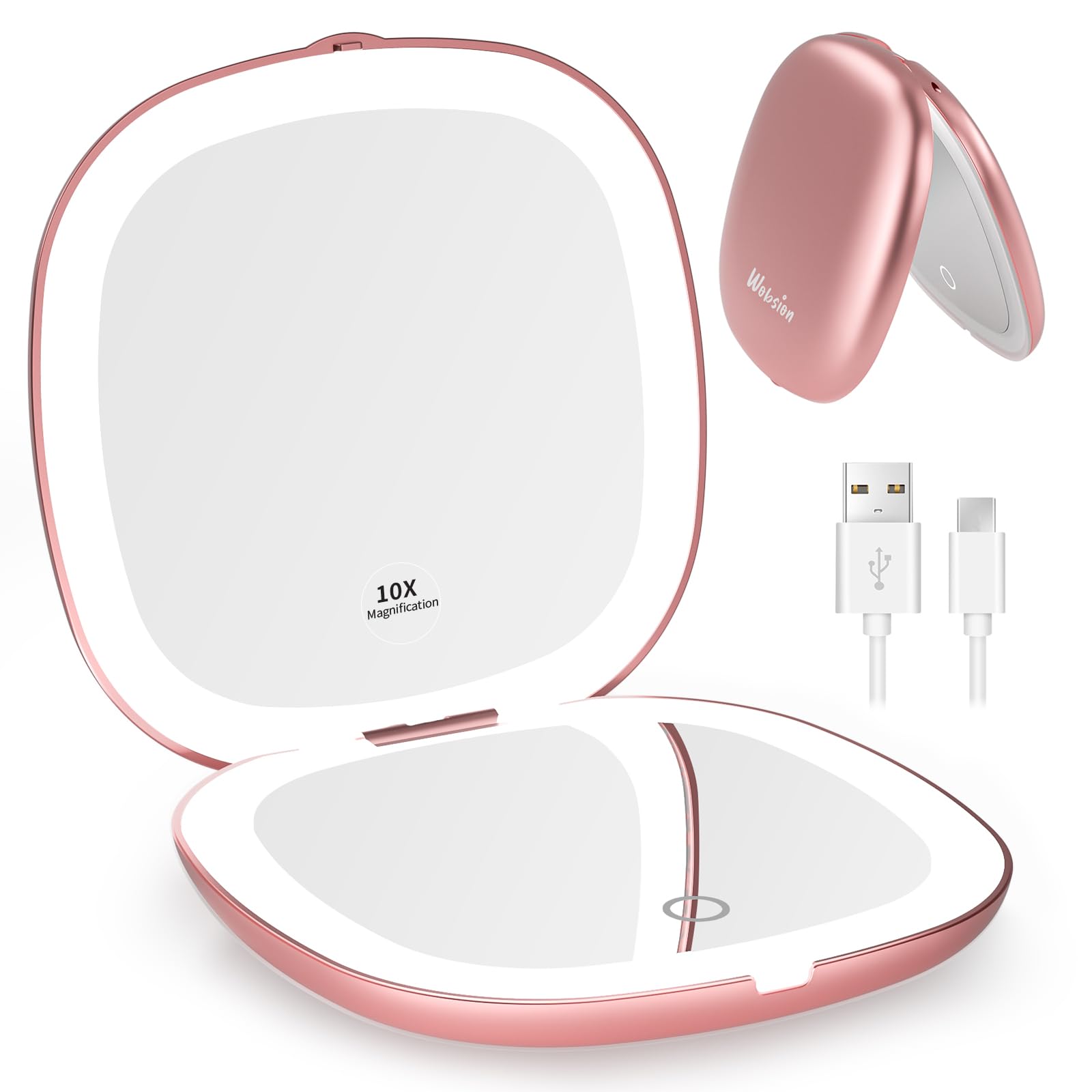 Wobsion Rechargeable Travel Mirror with LED Light - 1x/10x Magnifying Compact Mirror, Dimmable 2-Side Handheld Mirror (4 Inch) - Perfect for Makeup, Skincare & Travel - Portable Rose Gold Vanity Mirror for Handbag, Purse & Gift Ideas
