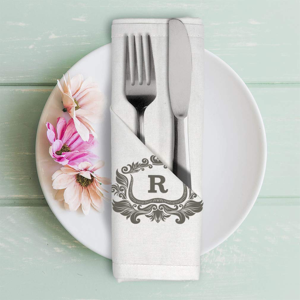 Custom Monogrammed Hand Towels & Cloth Napkins Set of 4 - Elegant Crown Border Design in White & Grey | Perfect for Kitchen, Party Supplies & Hostess Gifts