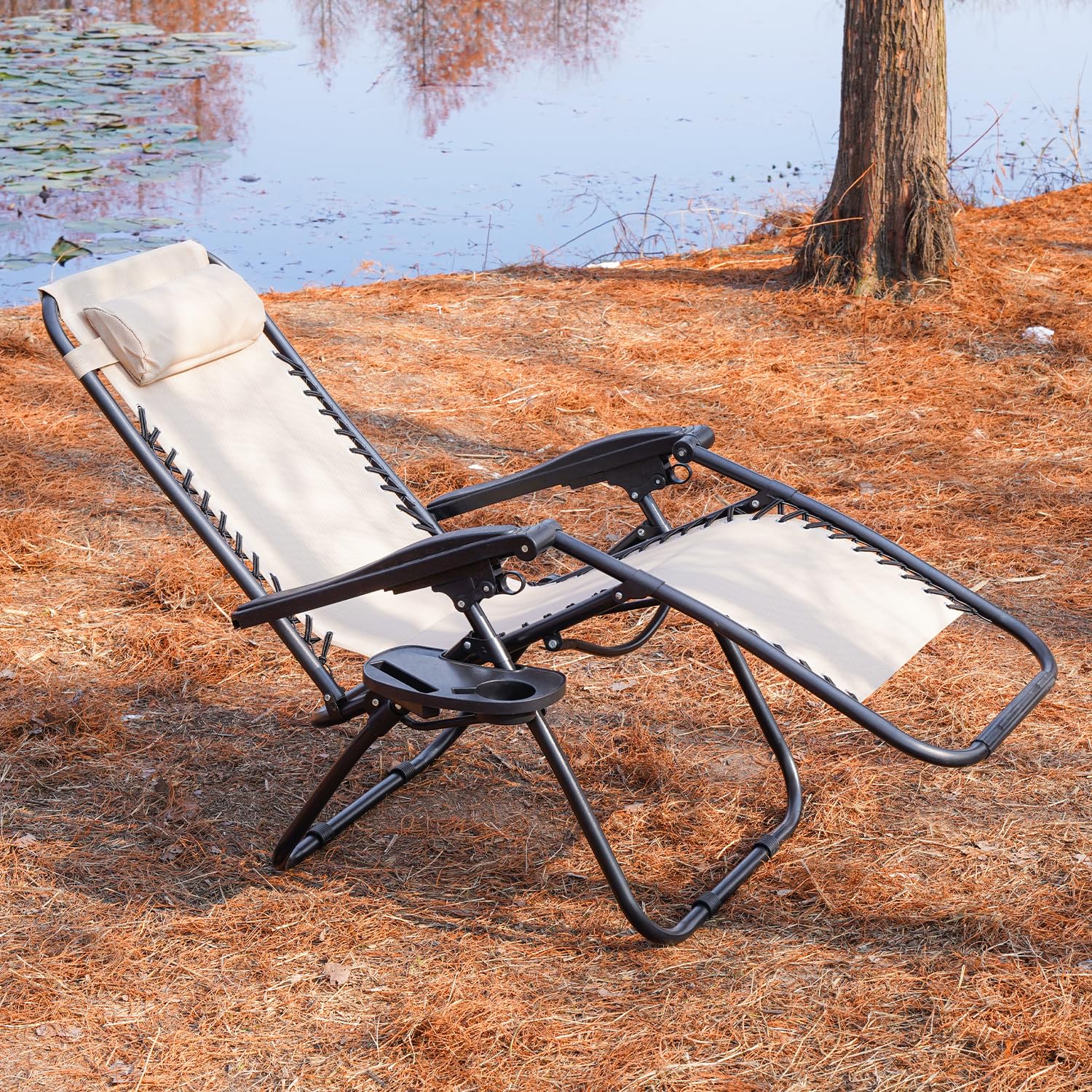 Zero Gravity Folding Reclining Lounge Chair with Pillow - Adjustable Patio Chair with Side Table & Cup Holder - Perfect for Backyard, Poolside, Camping & Office Relaxation (Beige)