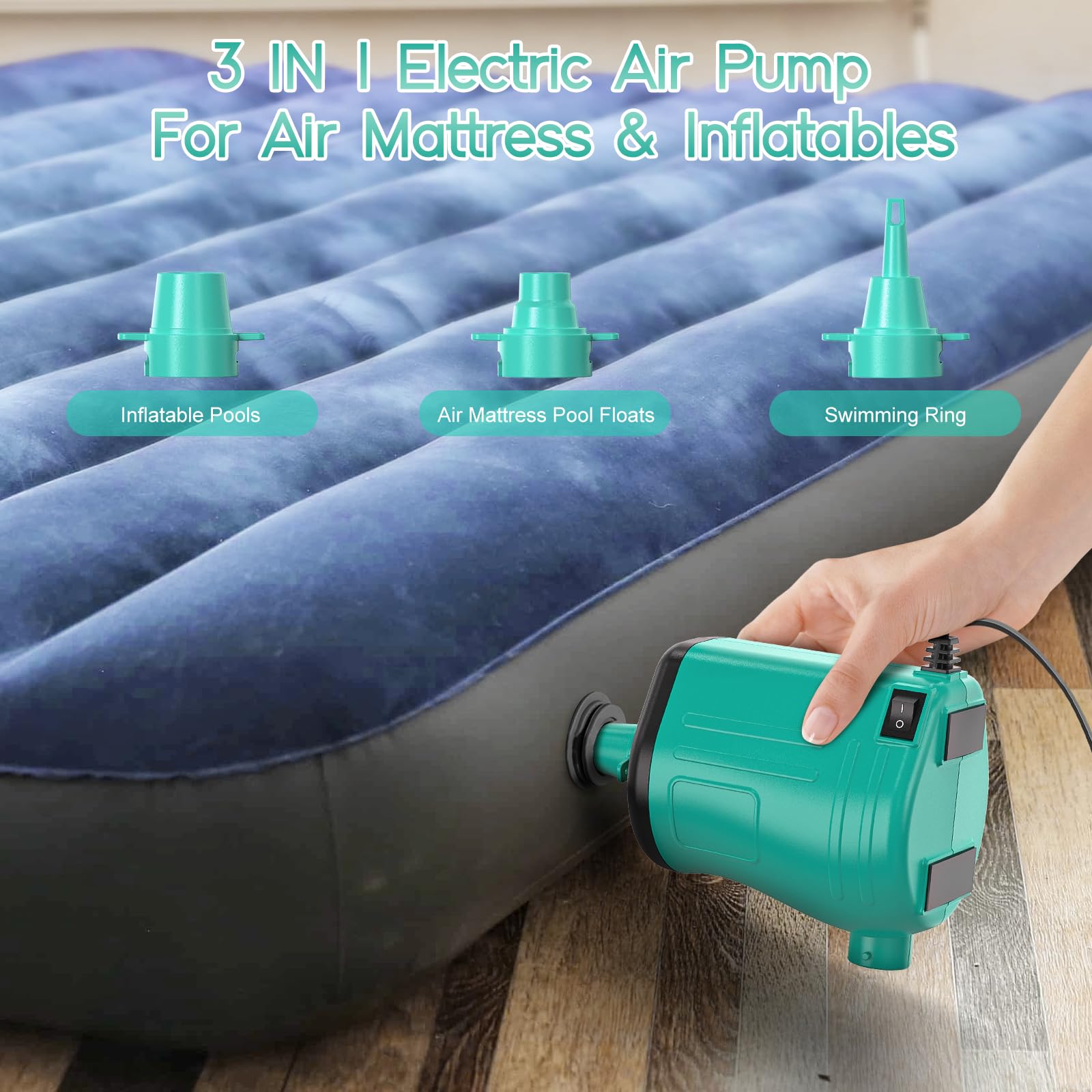 Electric Balloon Pump - 3-in-1 High Power Air Pump for Balloons, Inflatables & Pool Floats | 110-120V AC Blower for Party Decorations, Air Mattress & Beach Toys | Portable Quick Inflation Device for Birthdays, Weddings & Pool Parties