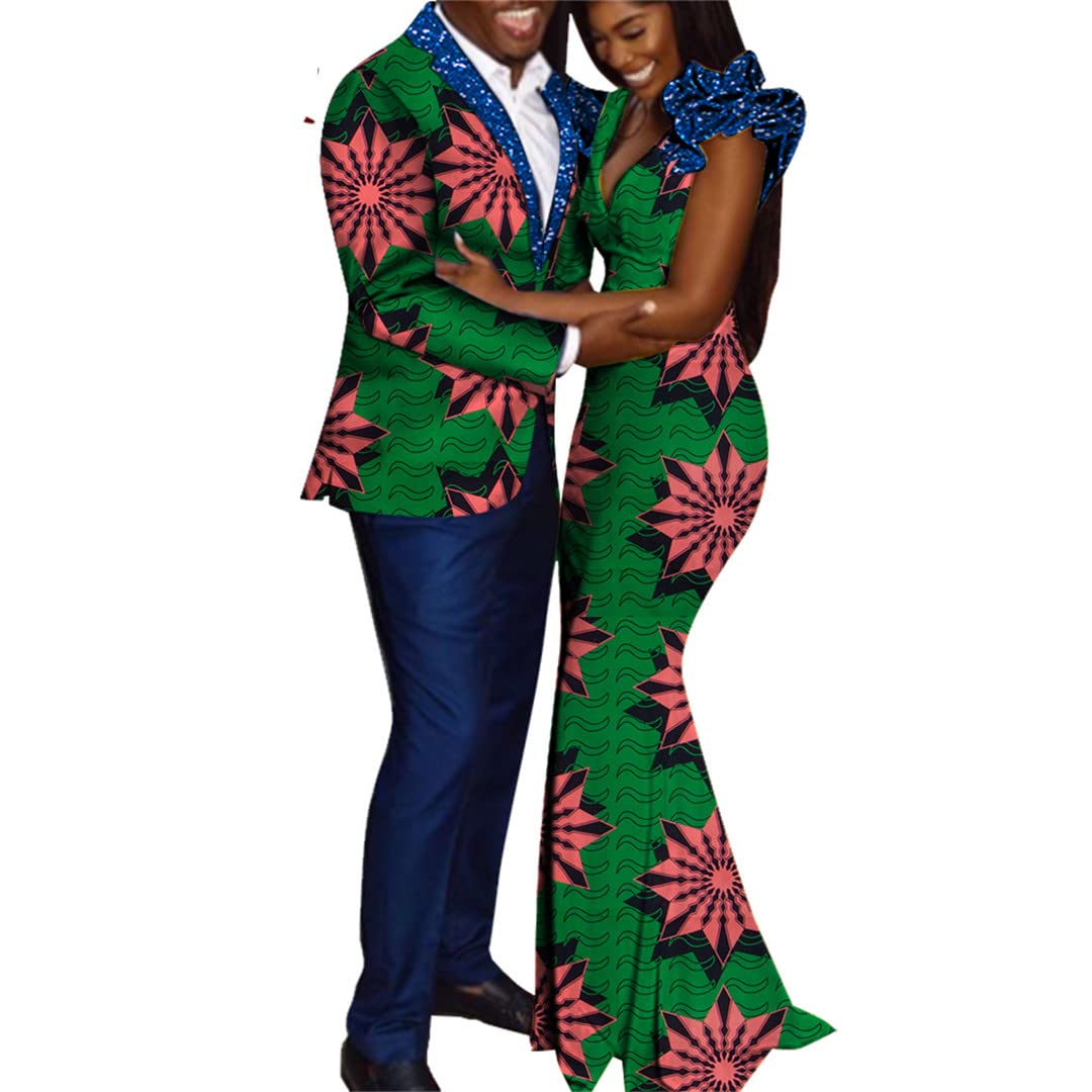 African Dashiki Couple Outfits for Lovers - Matching African Print Shirts & Pants + Women's Dress Set - XXL Size 10 - Perfect for Valentine's Day, Anniversary Gifts, Cultural Events and Couple Photoshoots