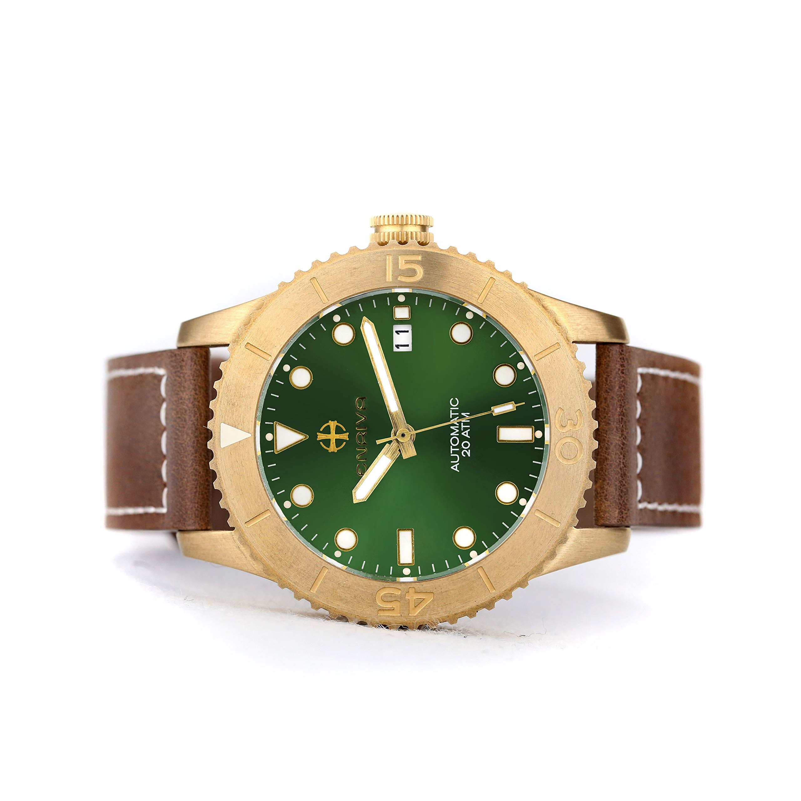 ENRIVA Men's 200m Water Resistant Bronze Automatic Military Dive Watch with Japanese NH35 Movement, Super Luminous, Leather Strap - Perfect for Scuba Diving, Outdoor Adventures & Everyday Wear