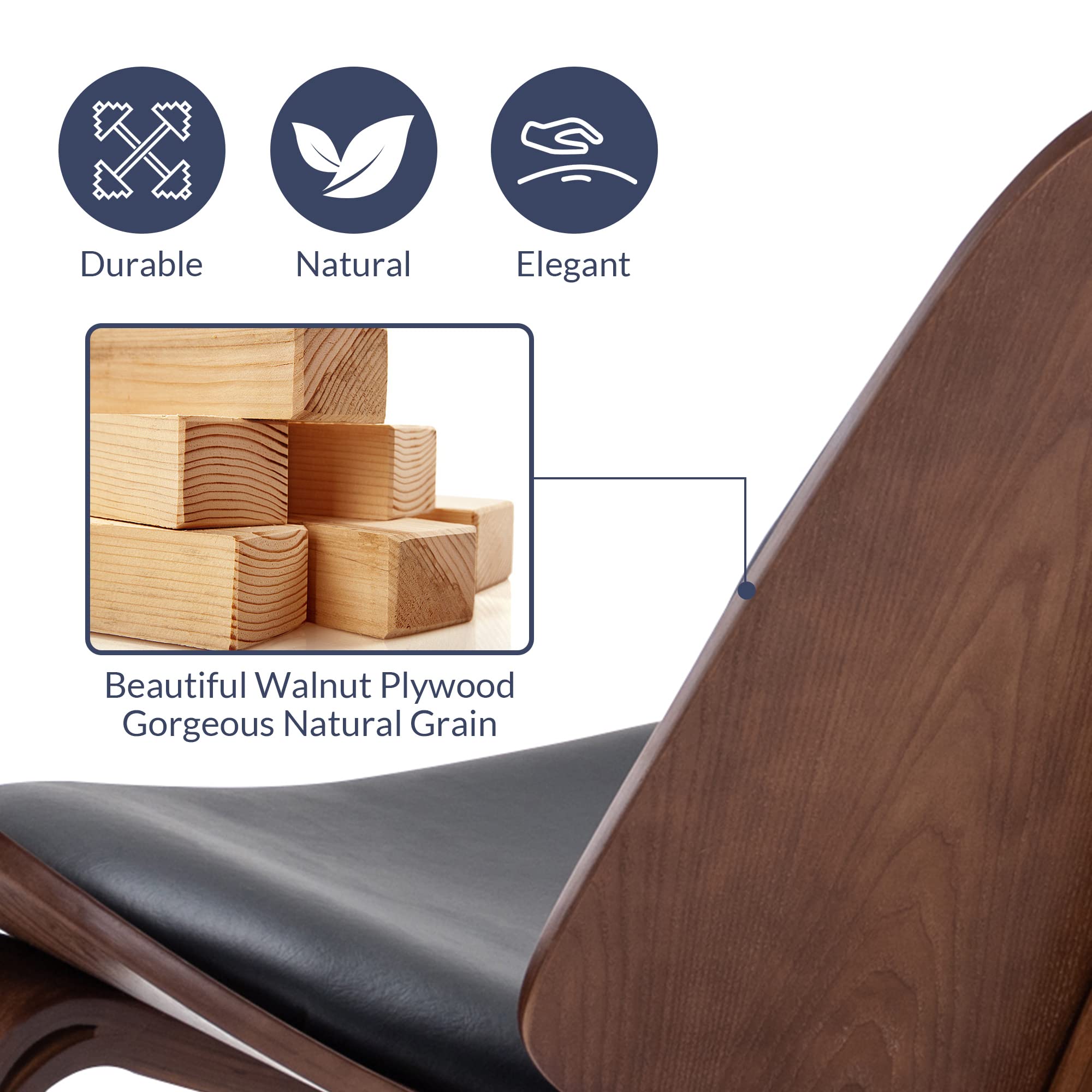 BELLEZE Mid Century Modern Shell Chair - Armless Accent Chair with Faux Leather Upholstery, Padded Seat & Solid Wood Tripod Base for Living Room, Bedroom, Office - Avalon Black Lounge Chair for Relaxing & Stylish Decor