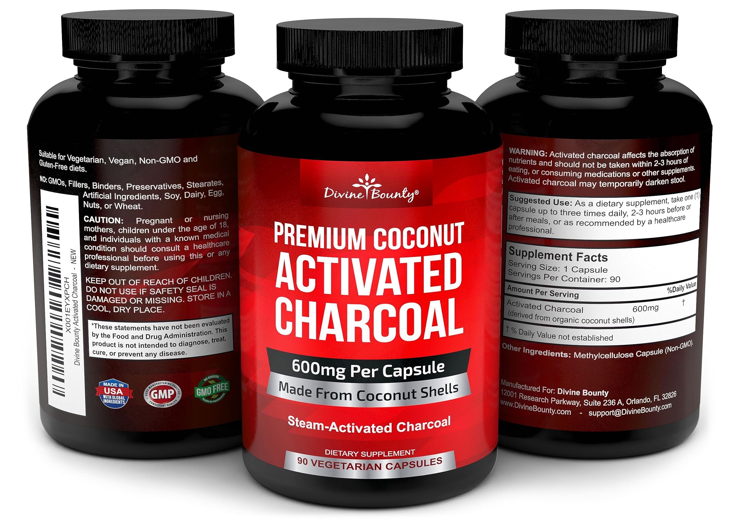 Divine Bounty Organic Activated Charcoal Capsules 600mg - 90 Vegan Coconut Charcoal Pills for Detox & Digestive Support - Natural Cleansing Supplement for Gut Health, Bloating Relief & Toxin Removal